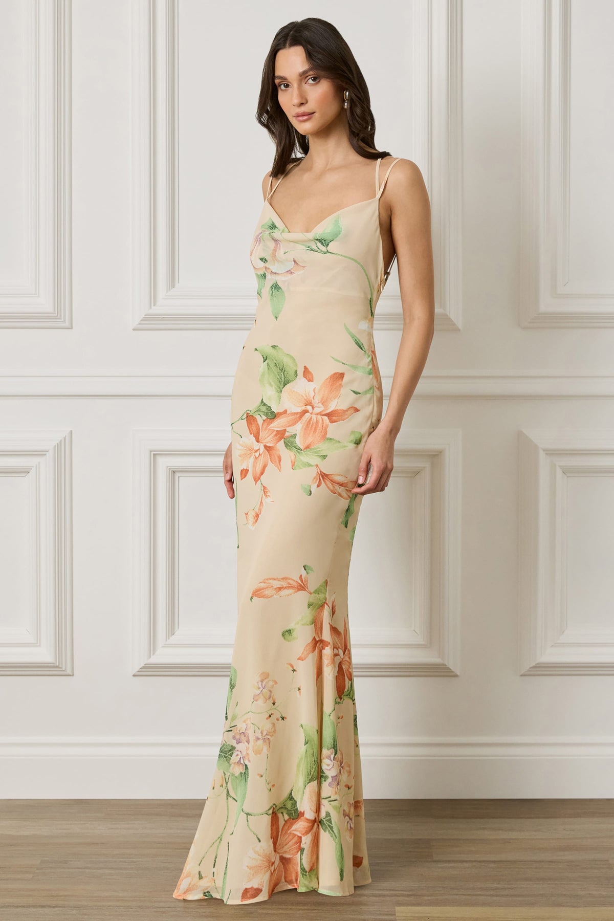 AMALIE Cowl Neck Maxi Dress in Orange & Yellow