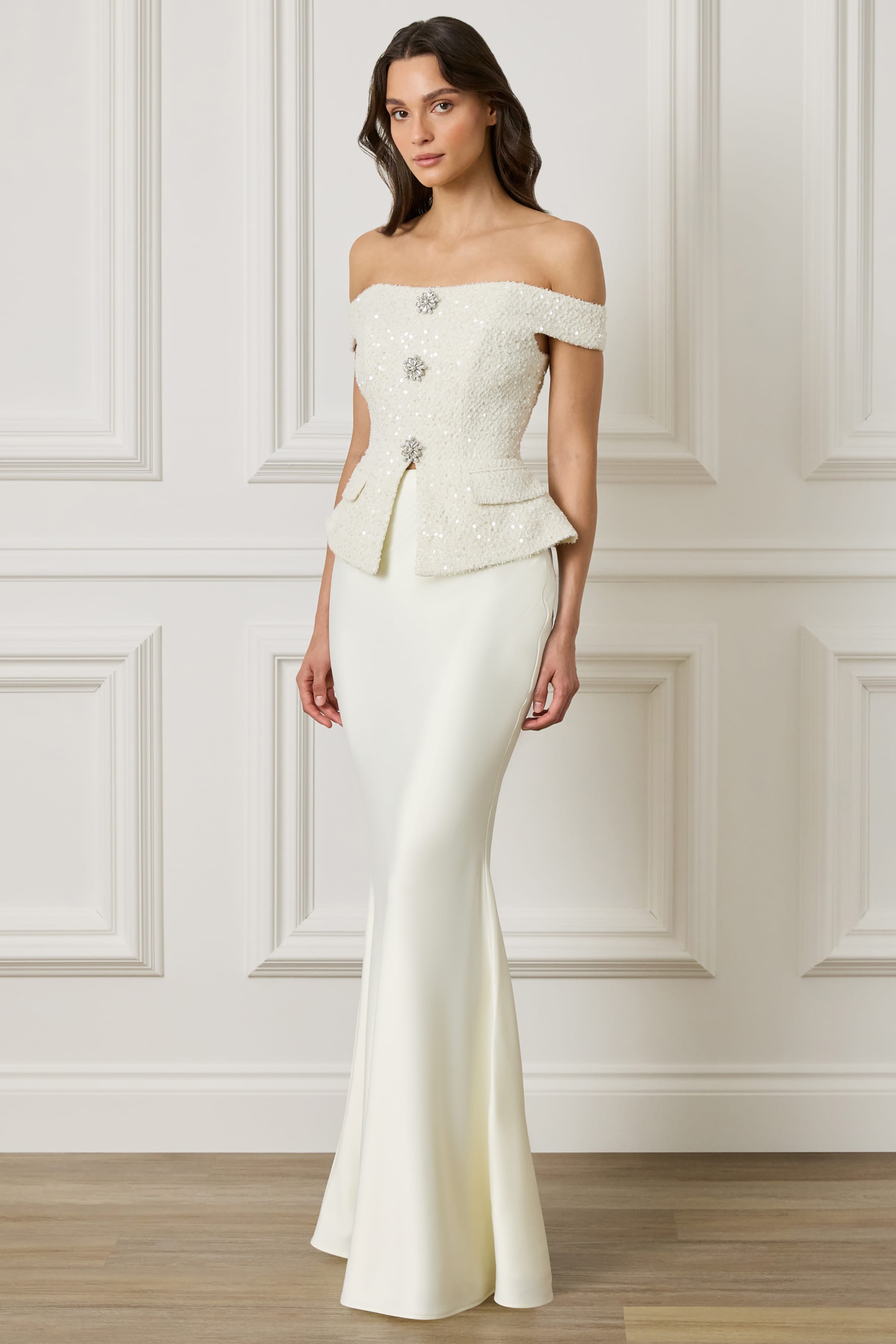 LEILA Embellished Sequin Boucle Off Shoulder Top in Champagne