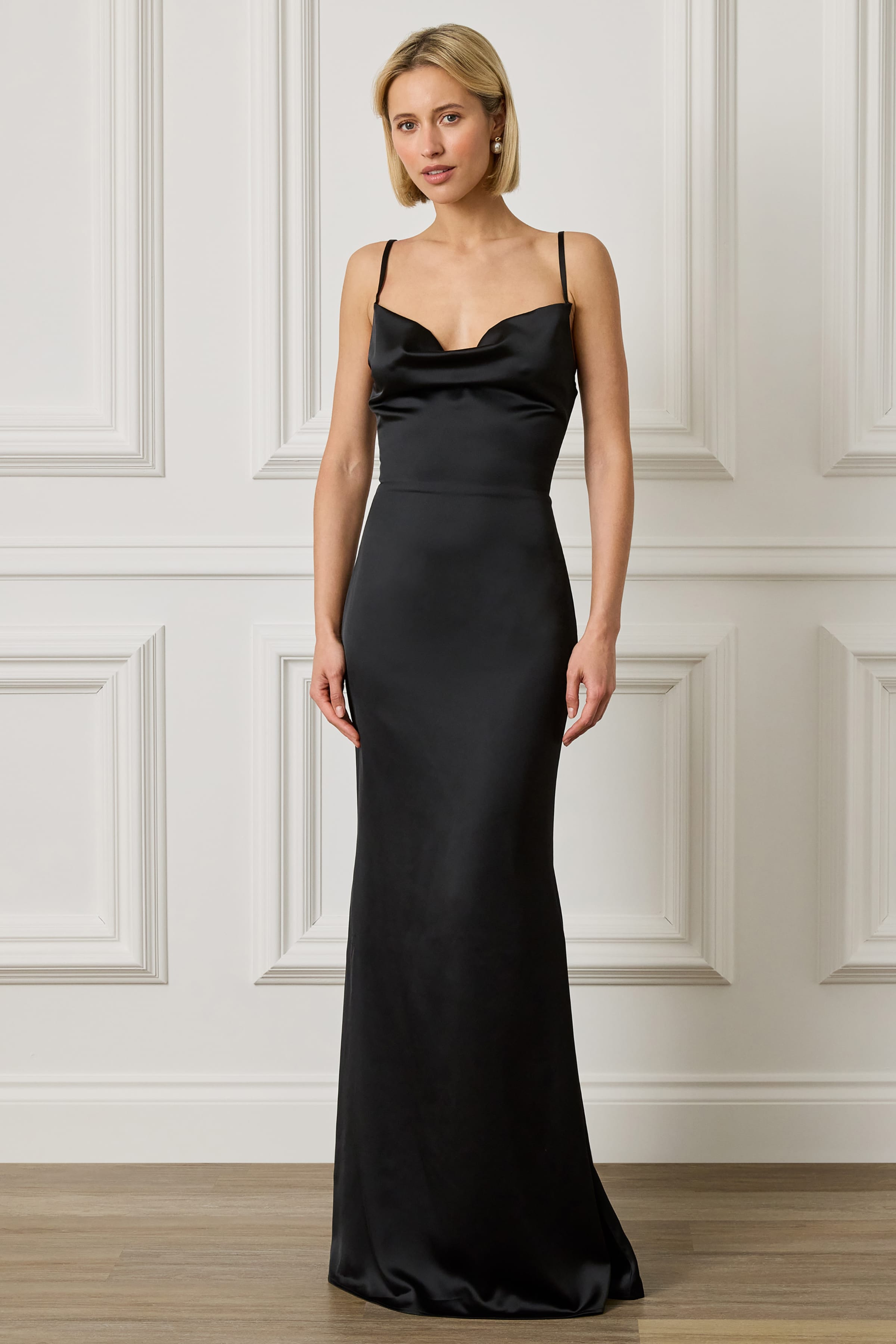 PENNY Satin Cowl Neck Scoop Back Maxi Dress in  Black