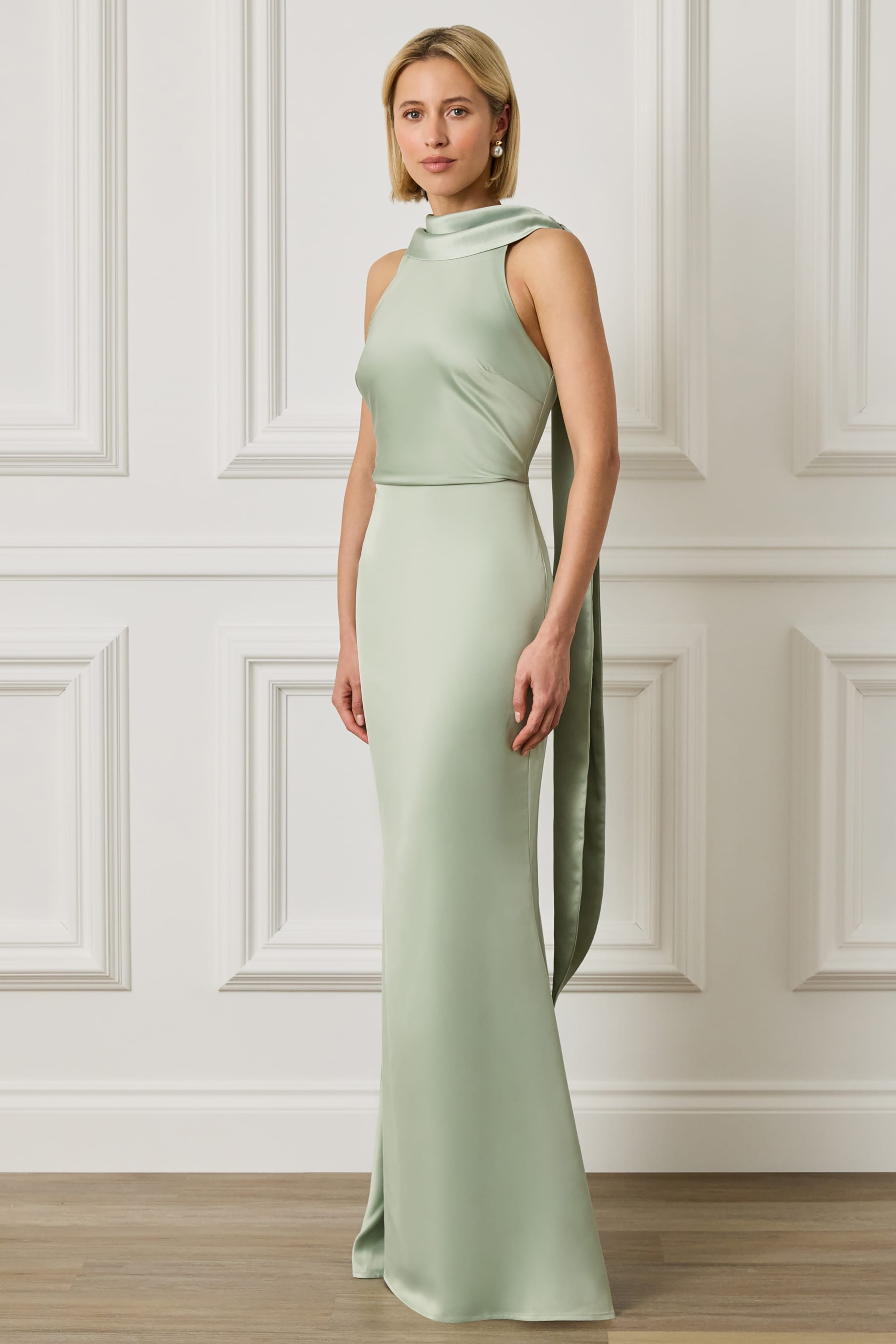LIORA Satin Maxi Dress in Sage