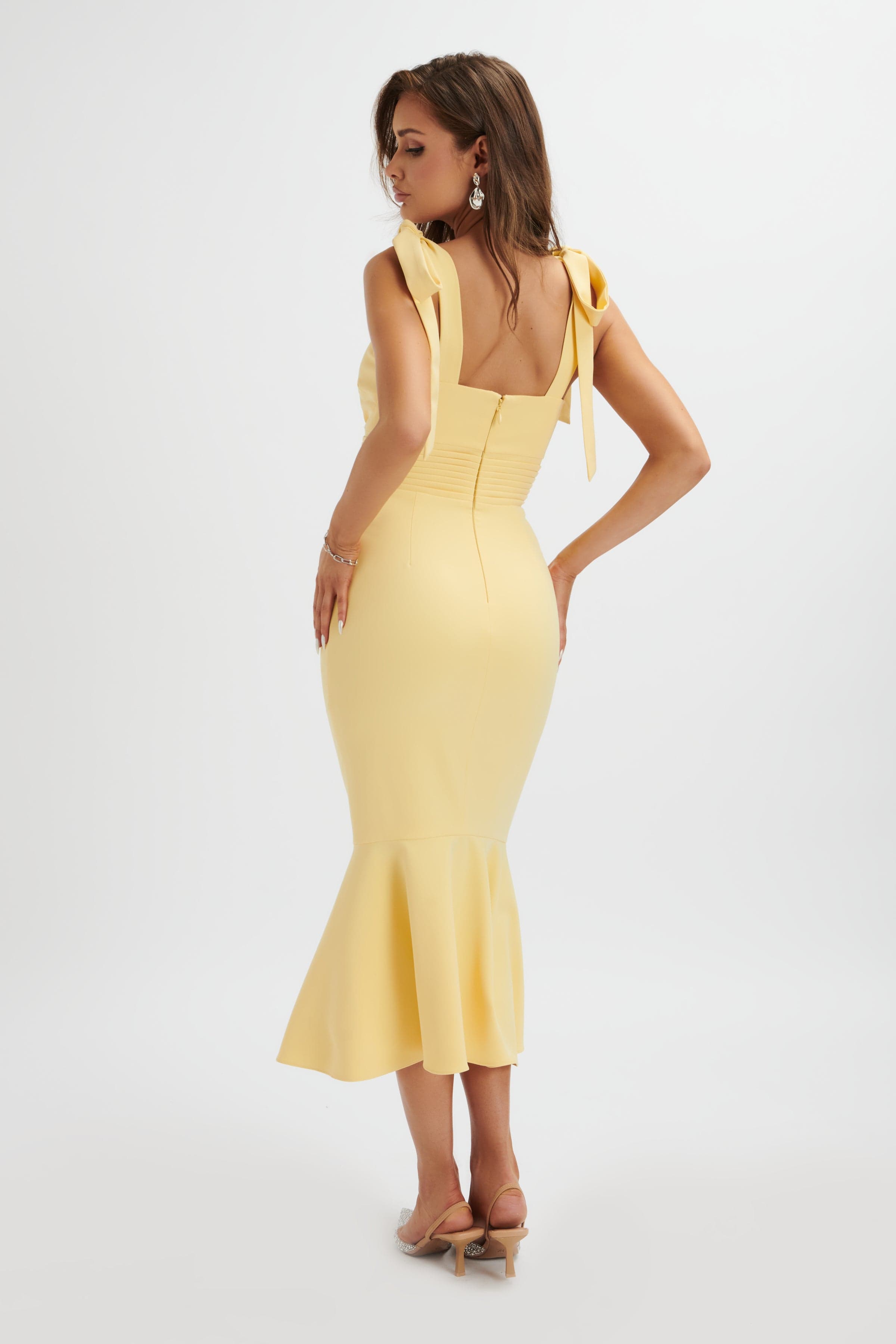 KAMILA Tie Strap Micro Button Longline Midi Dress In Pastel Yellow