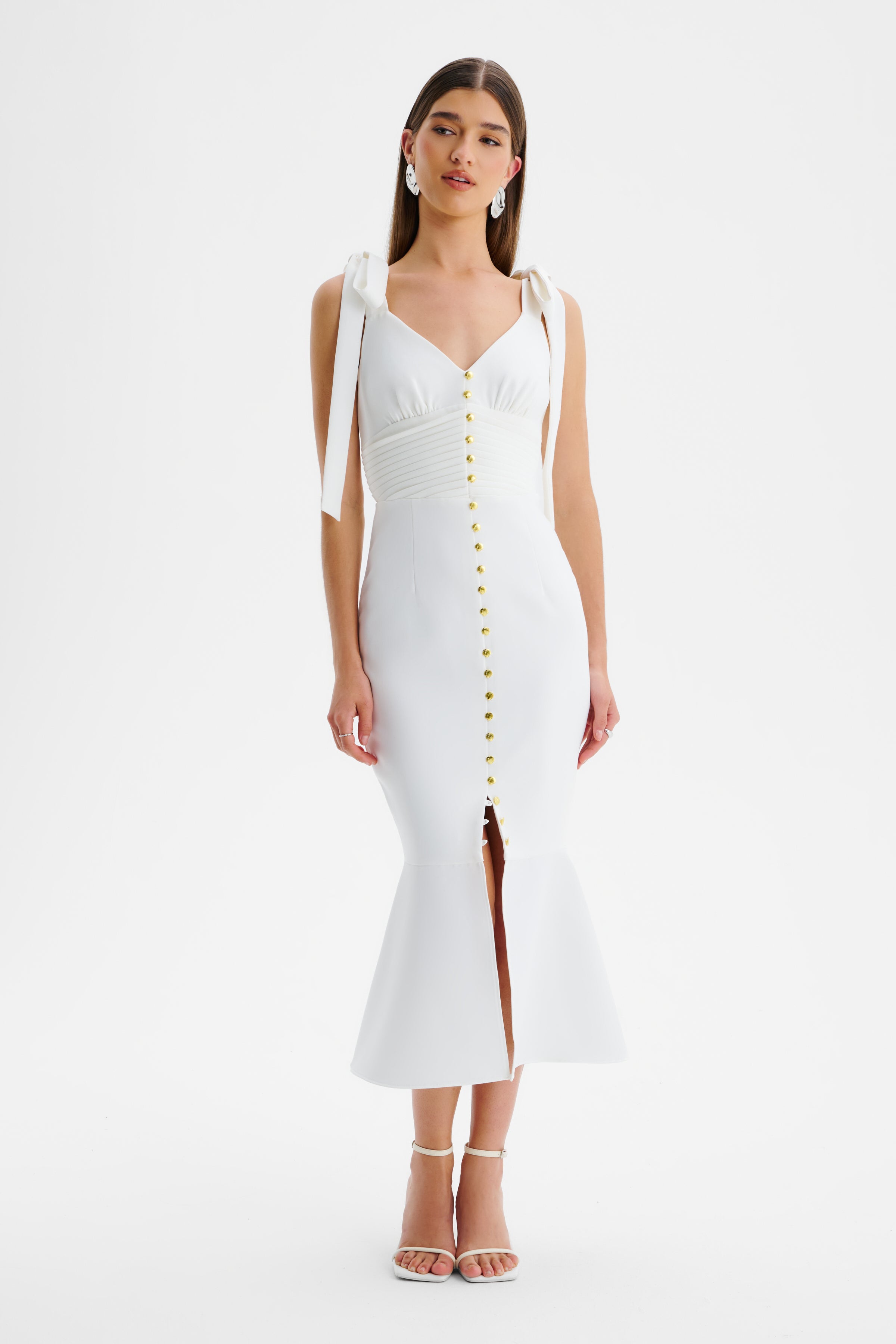KAMILA Tie Strap Micro Shell Button Midi Dress in White