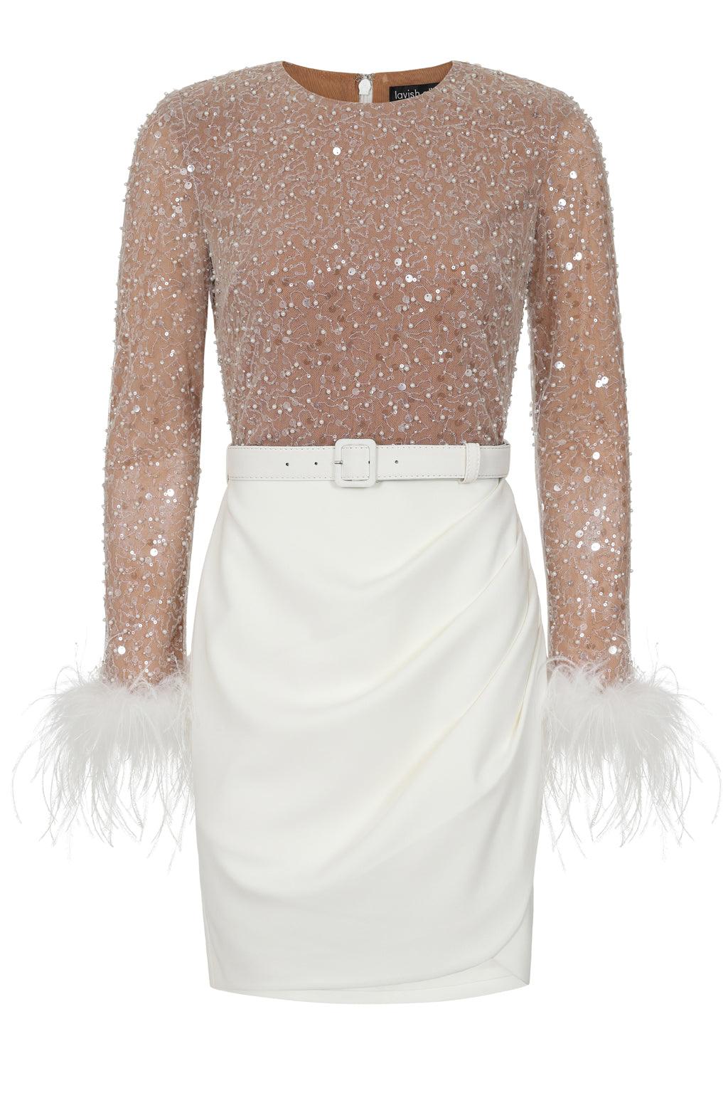 ANGELA Beaded Sequin Mini Dress In White - Lavish Alice