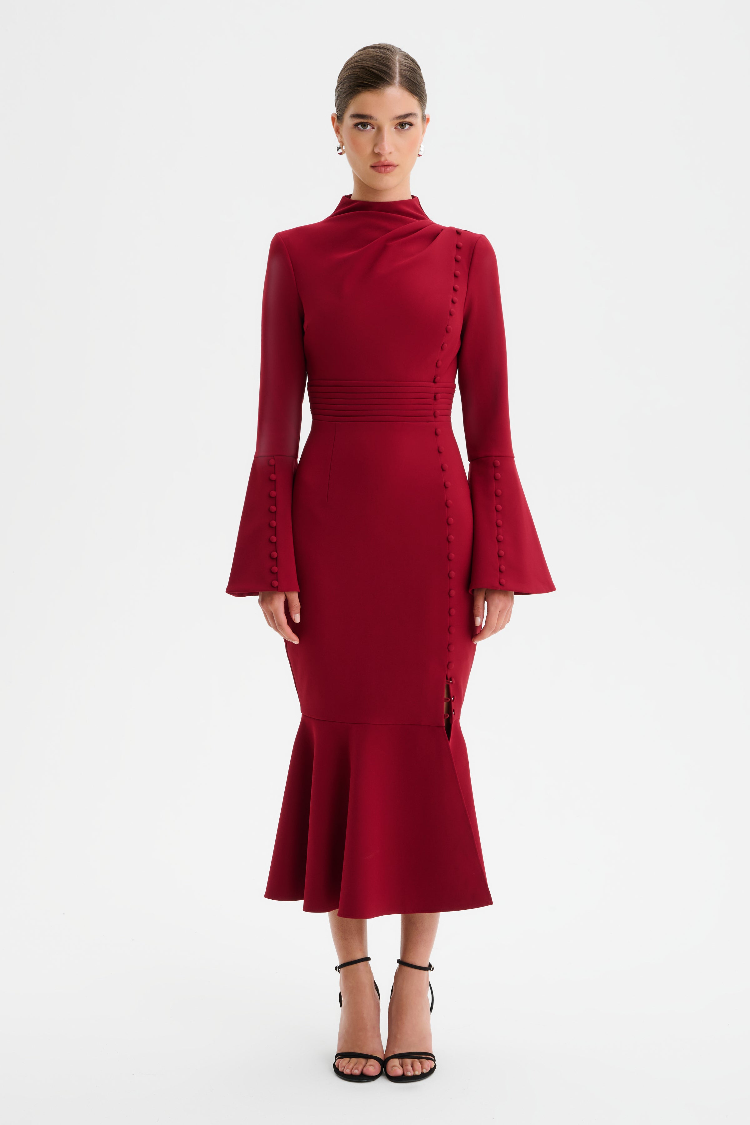 AUBREY High Neck Fluted Sleeve Micro Button Midi Dress in Burgundy