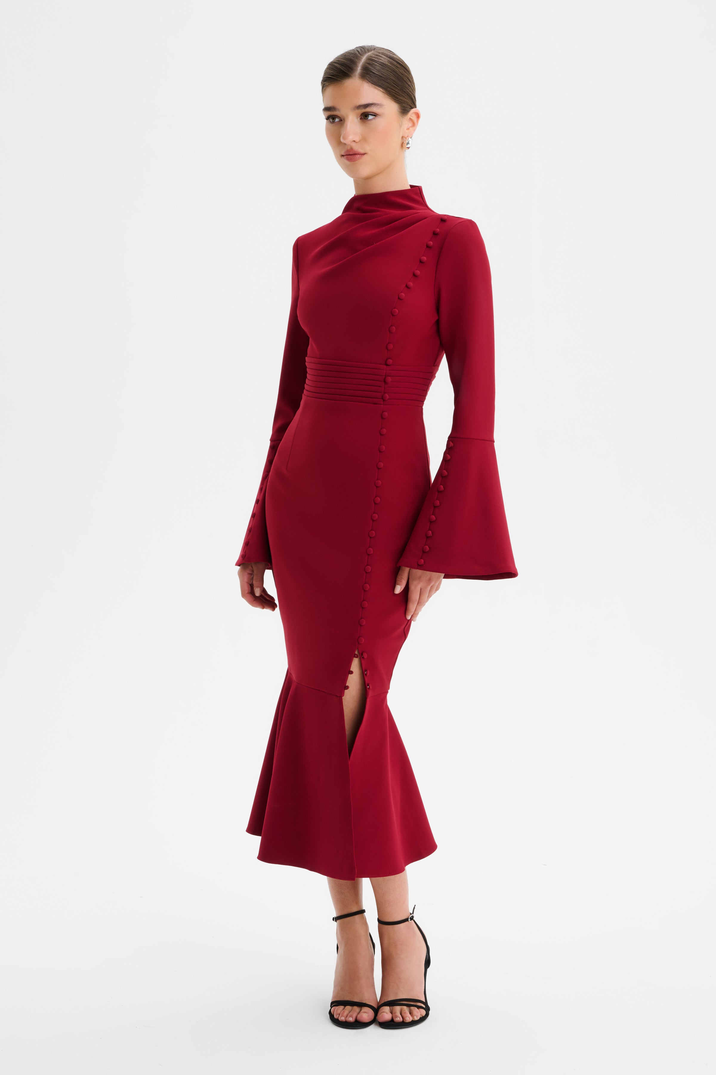 AUBREY High Neck Fluted Sleeve Micro Button Midi Dress in Burgundy