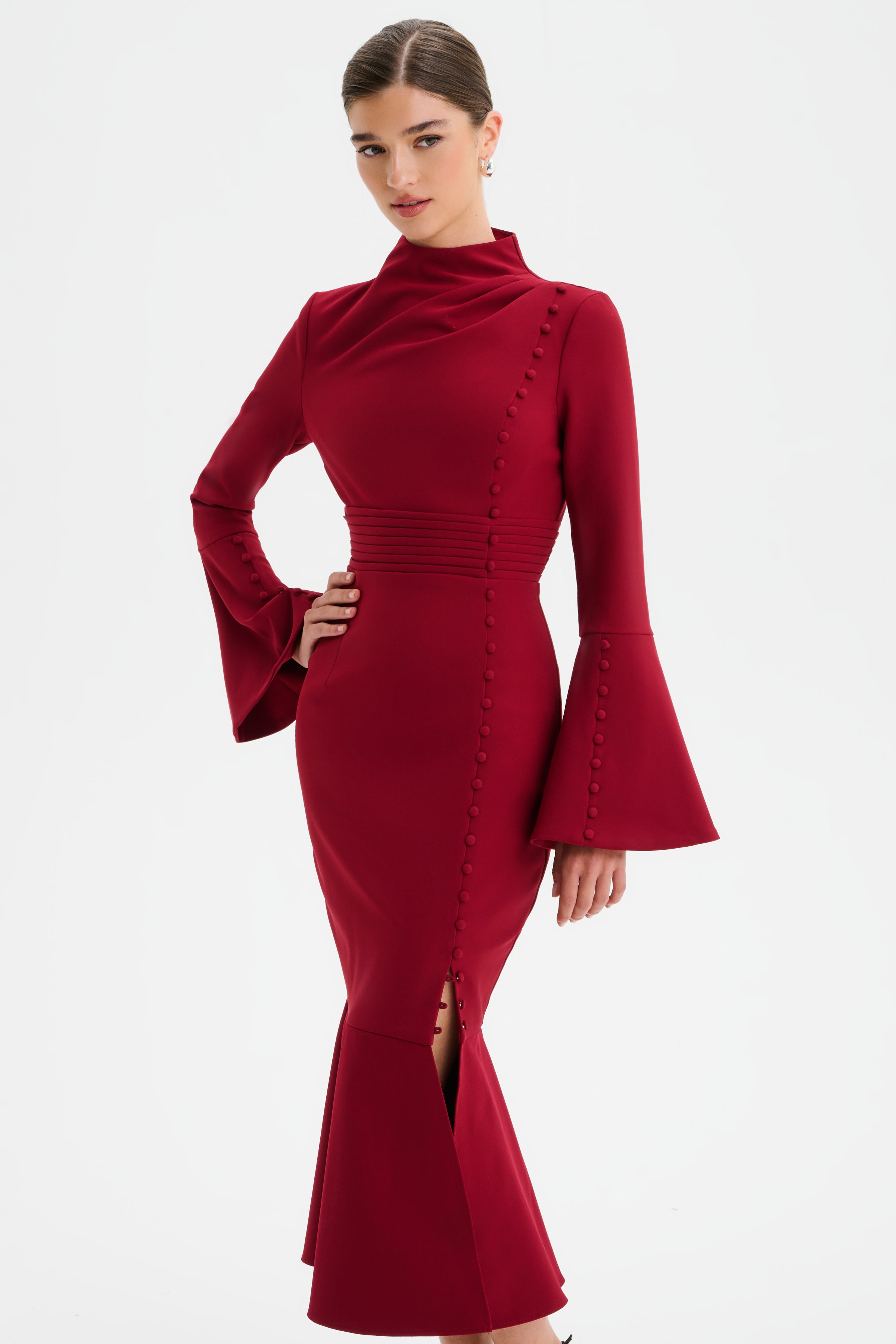 AUBREY High Neck Fluted Sleeve Micro Button Midi Dress in Burgundy