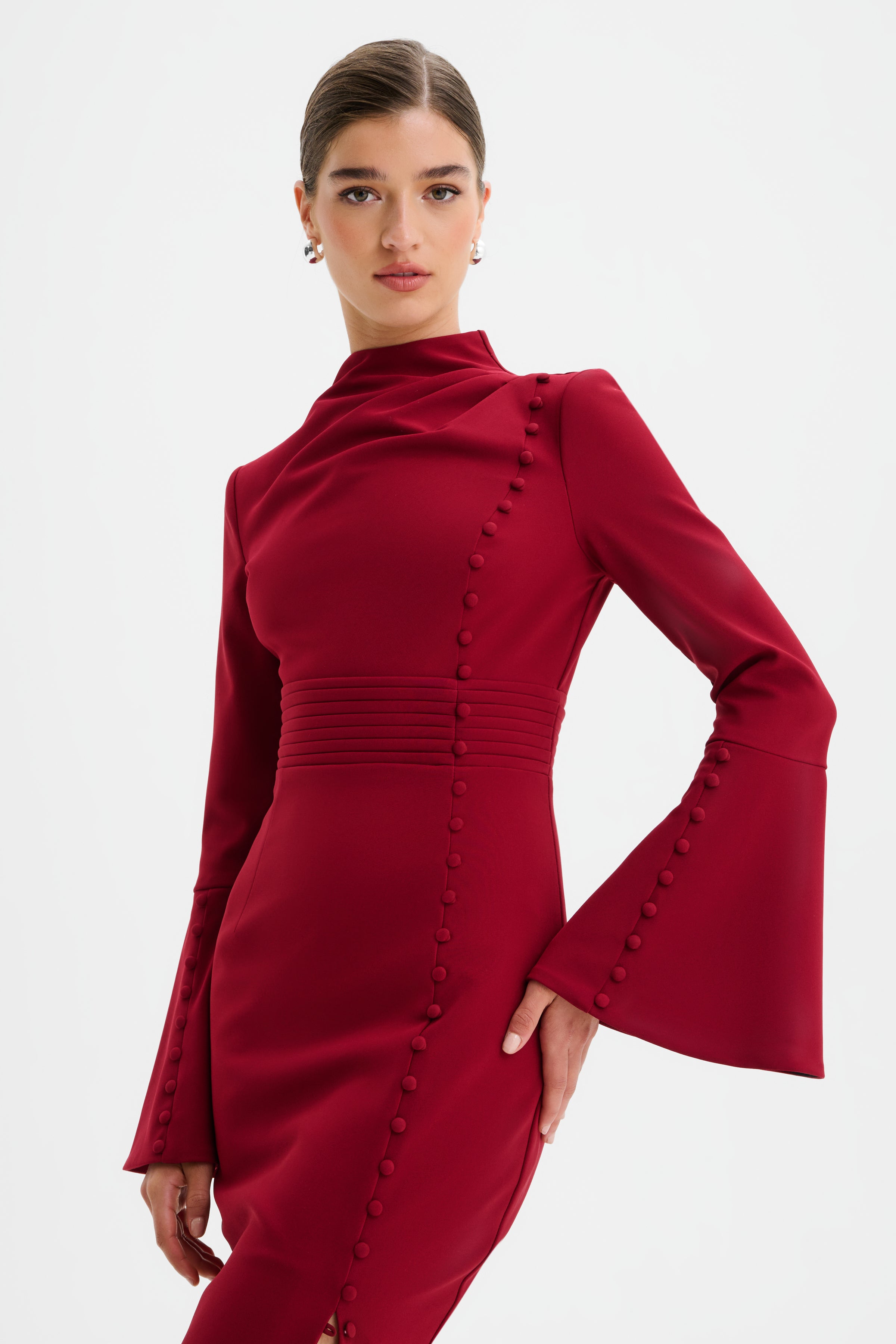 AUBREY High Neck Fluted Sleeve Micro Button Midi Dress in Burgundy