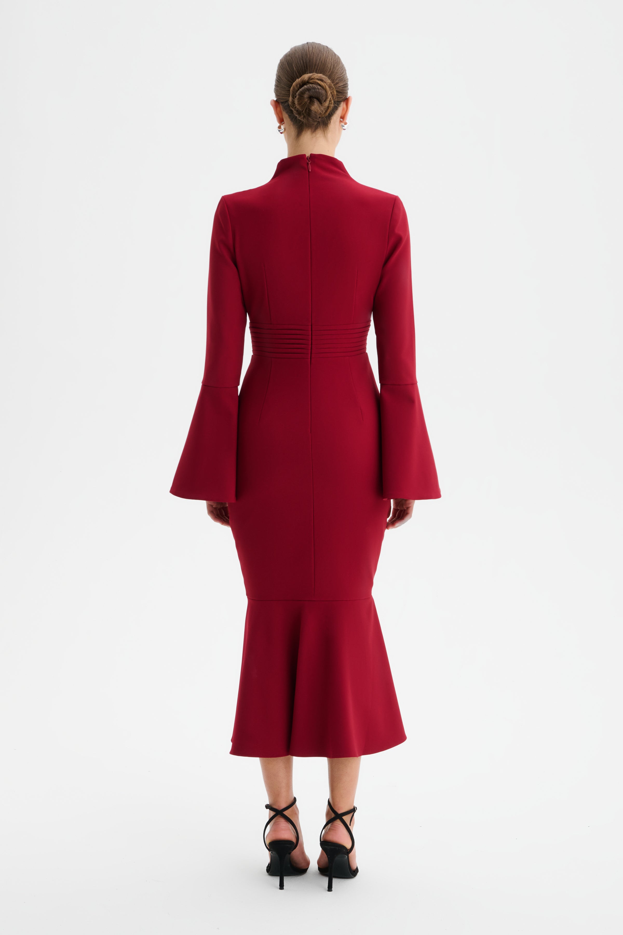 AUBREY High Neck Fluted Sleeve Micro Button Midi Dress in Burgundy