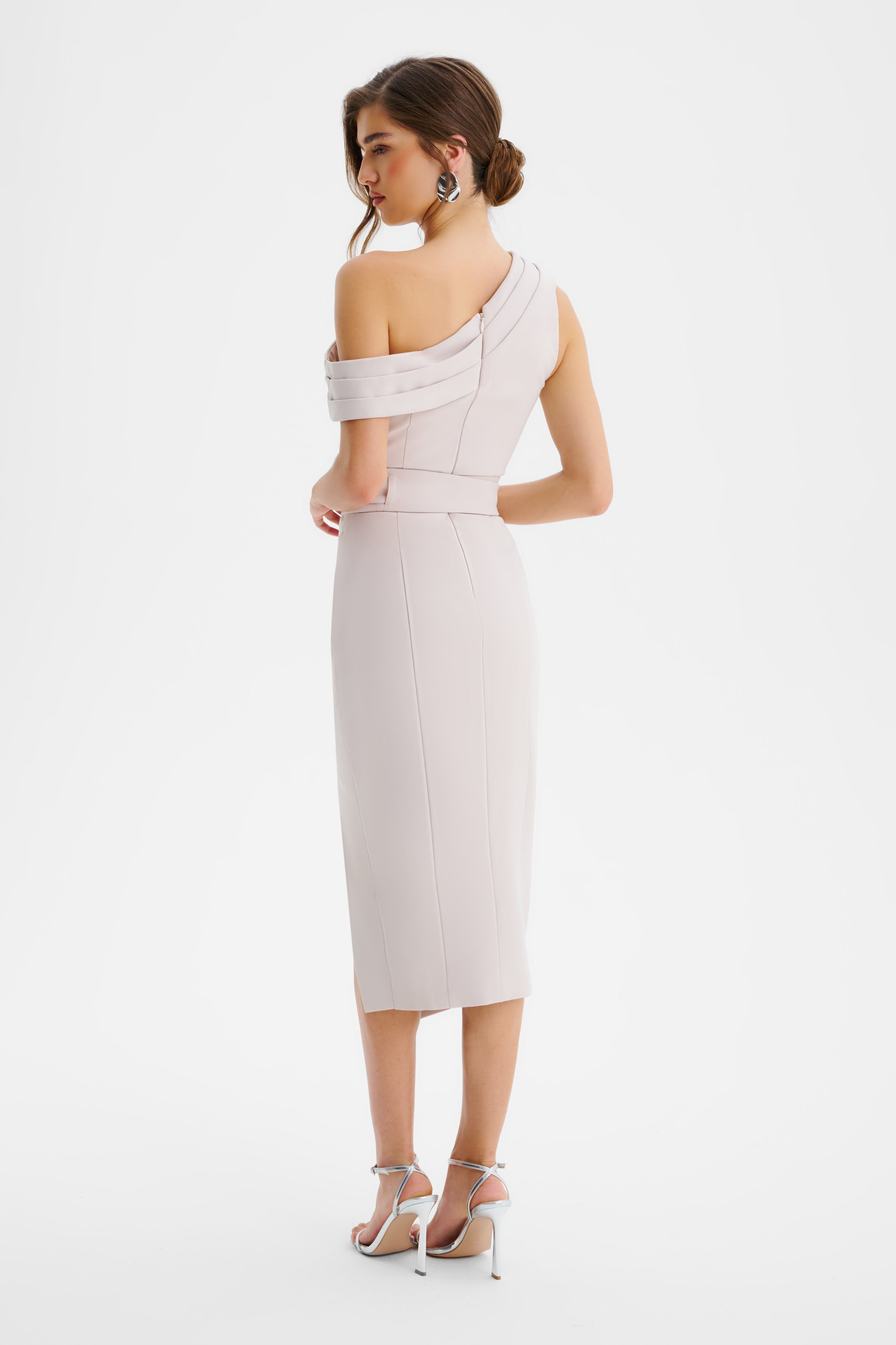 JESSICA Off Shoulder Pleated Obi Belted Midi Dress in Champagne