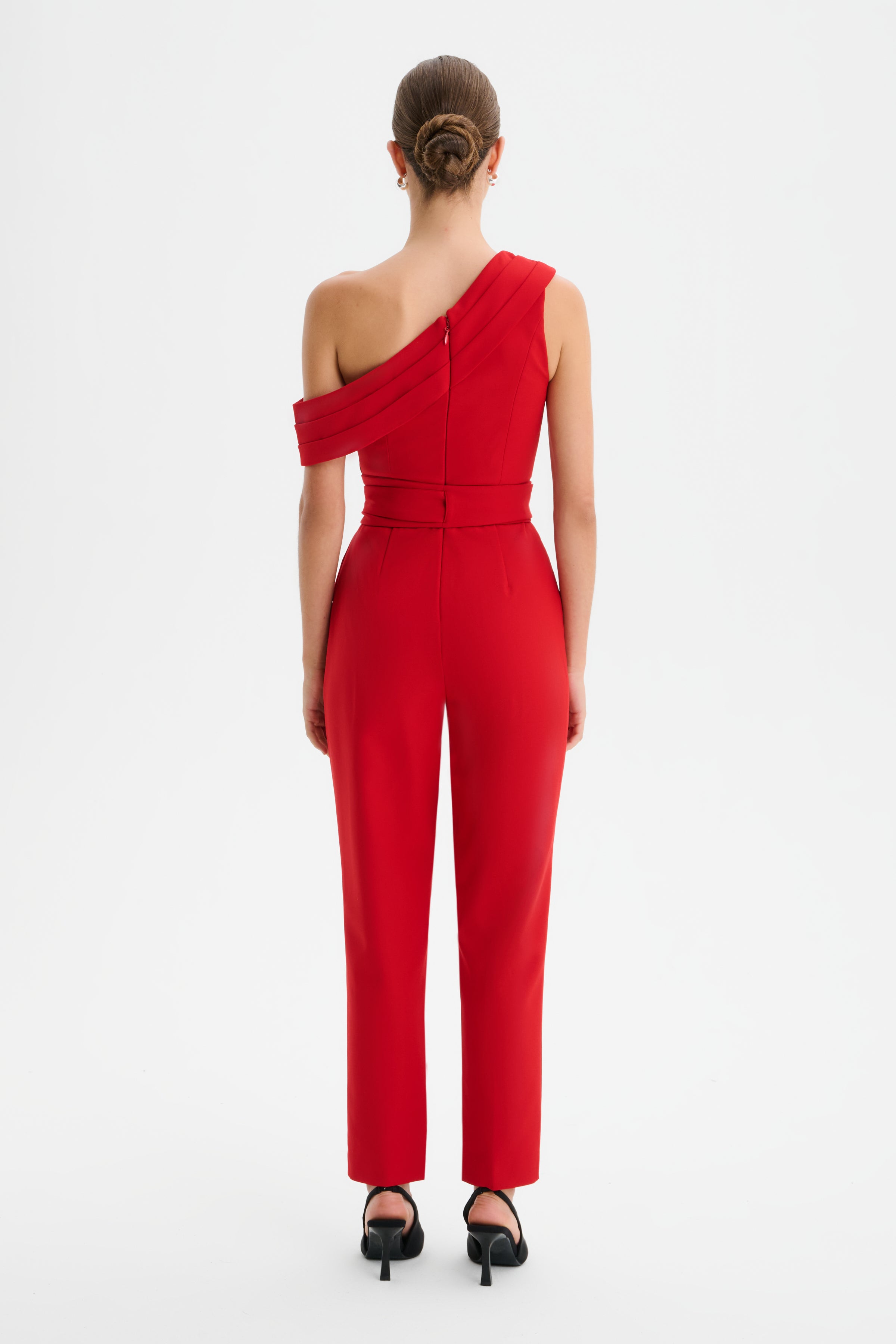 SOFIE Off Shoulder Pleated Obi Belted Jumpsuit in Red