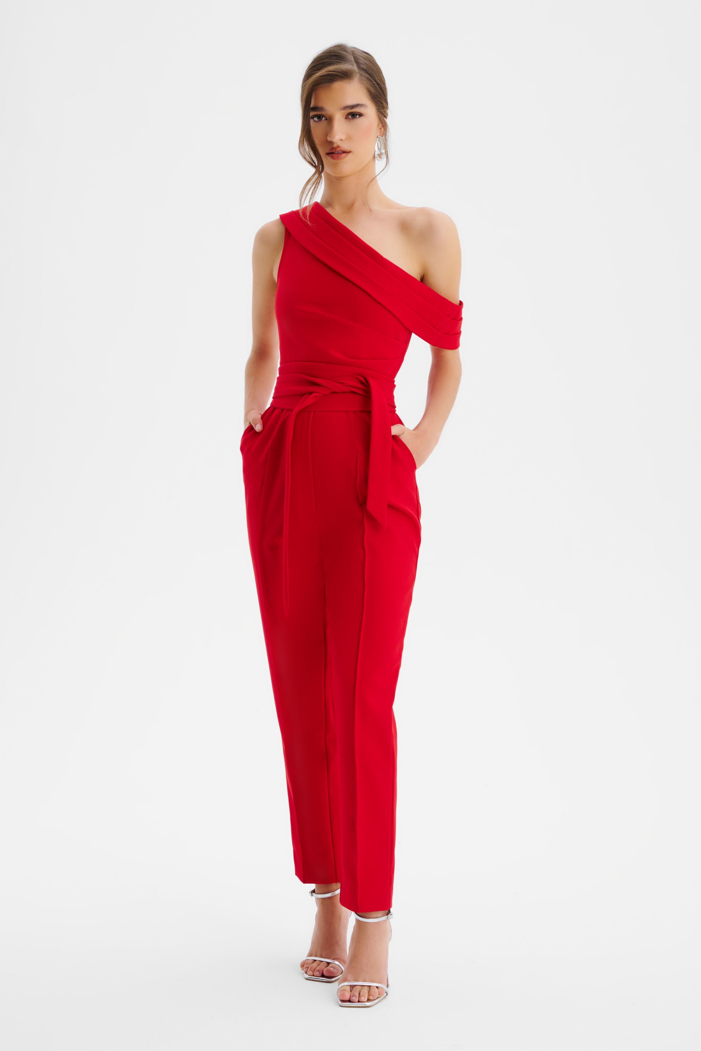 SOFIE Off Shoulder Pleated Obi Belted Jumpsuit in Red