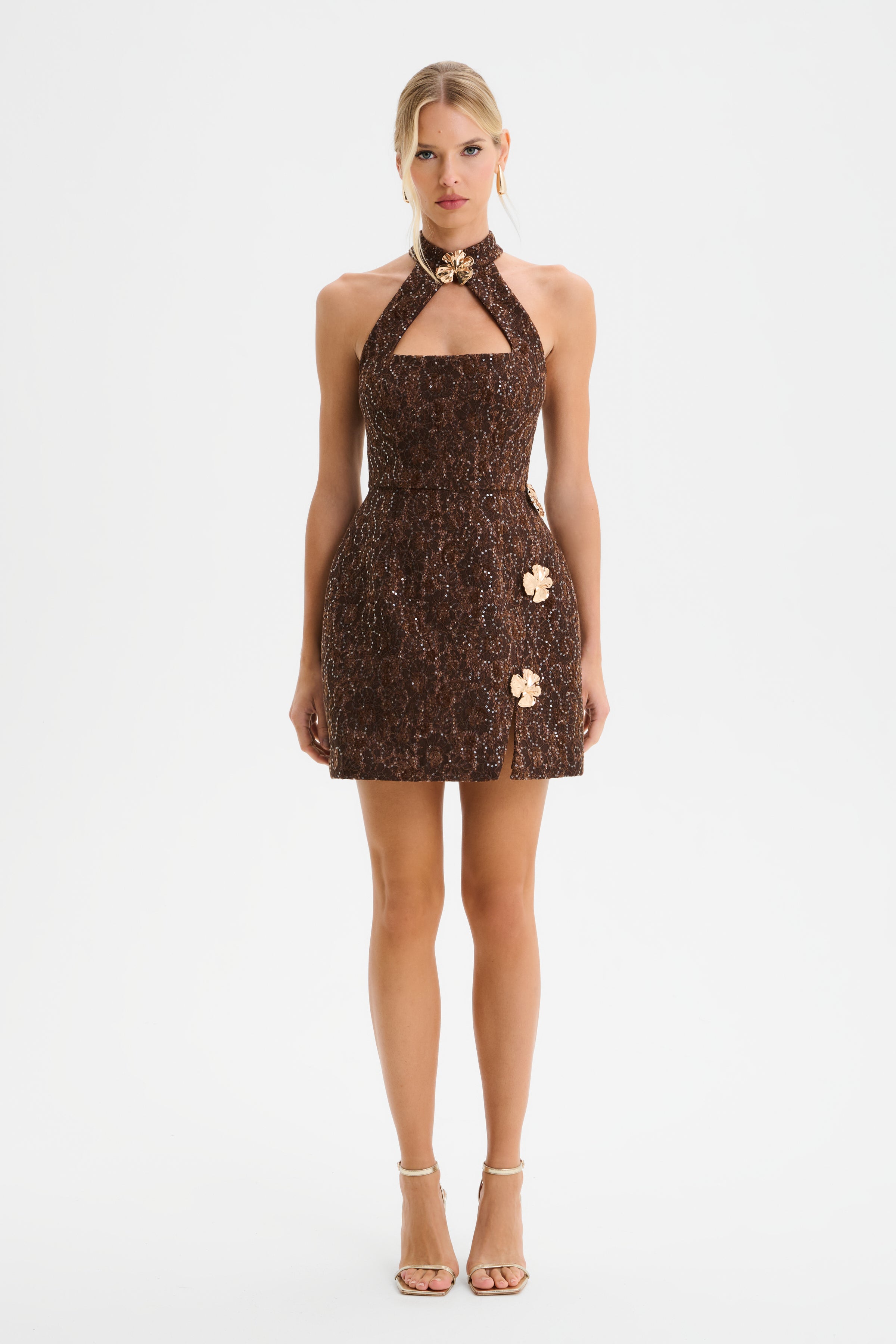 DARCIE Lace Boucle High Neck Tulip Mini Dress in Chocolate