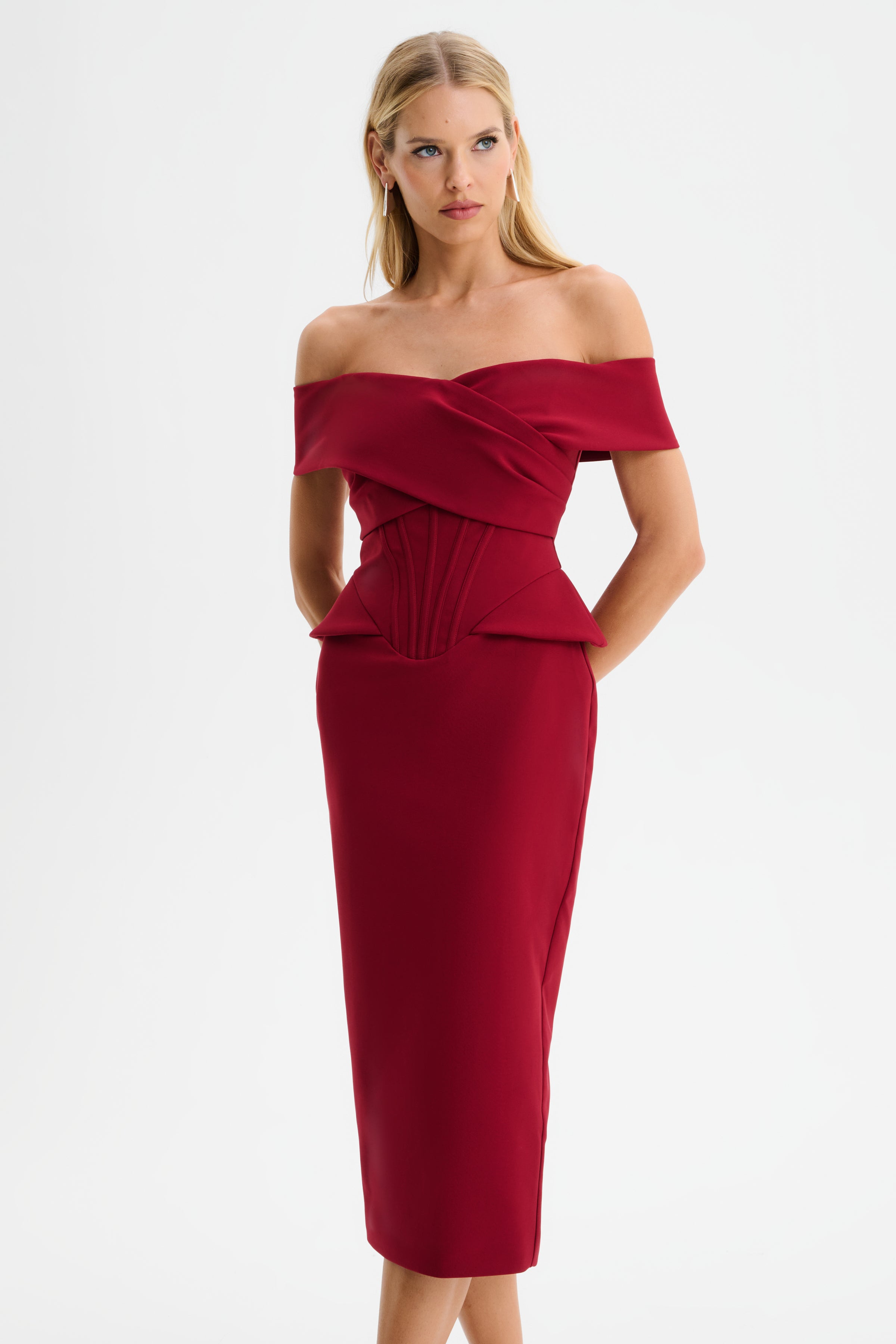 BETHANY Off Shoulder Midi Dress with Corsetry Detail in Burgundy