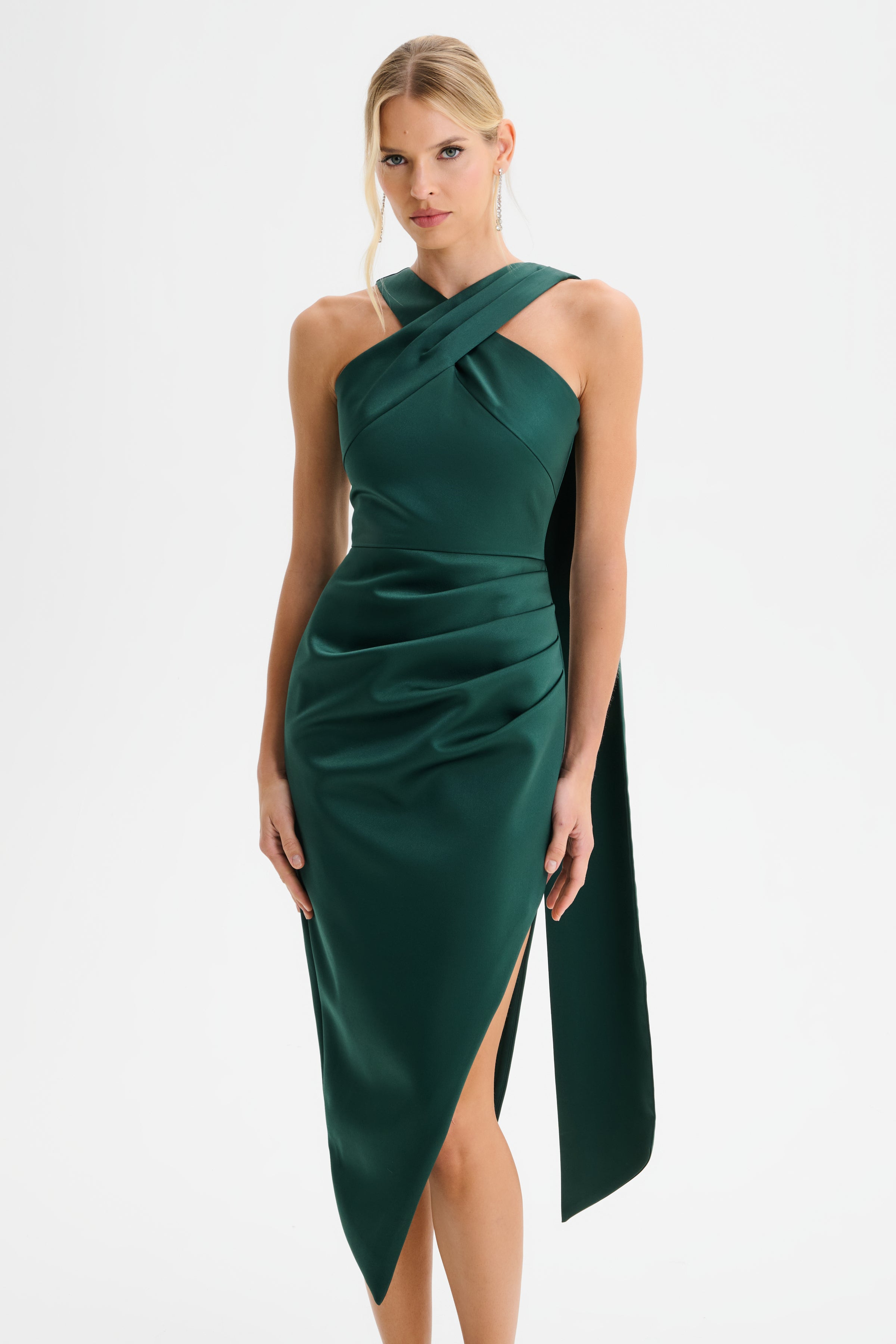ROSE Cross Neck Bonded Satin Midi Dress with Drape in Emerald Green