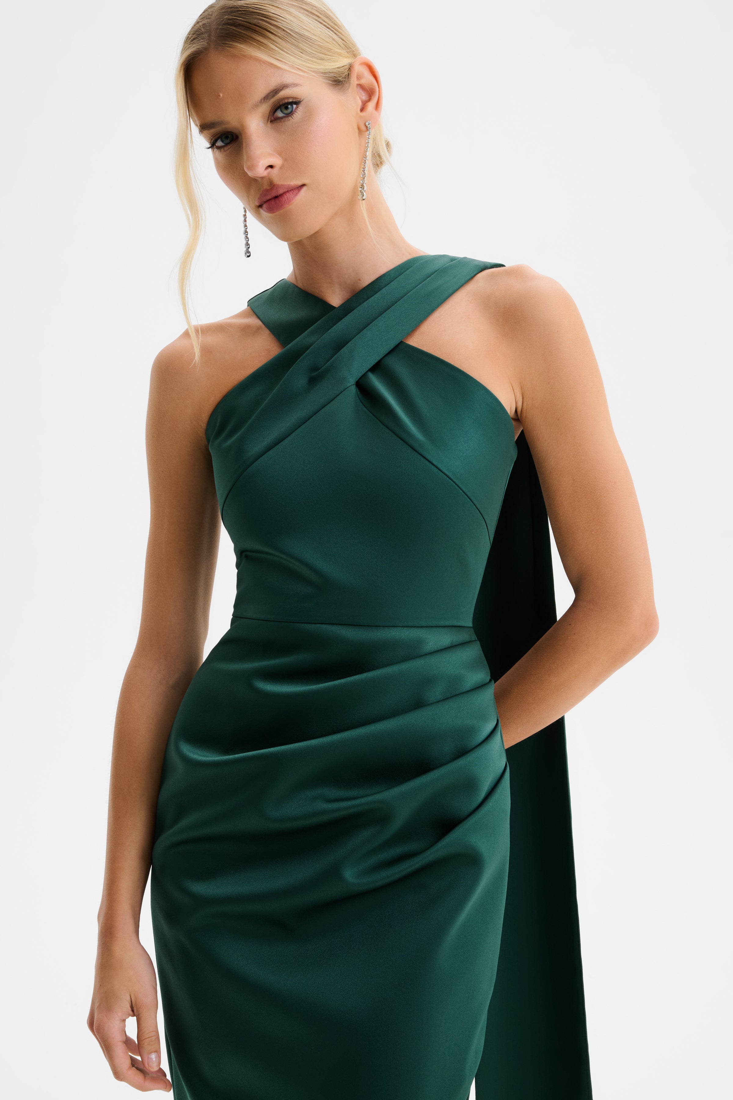 ROSE Cross Neck Bonded Satin Midi Dress with Drape in Emerald Green