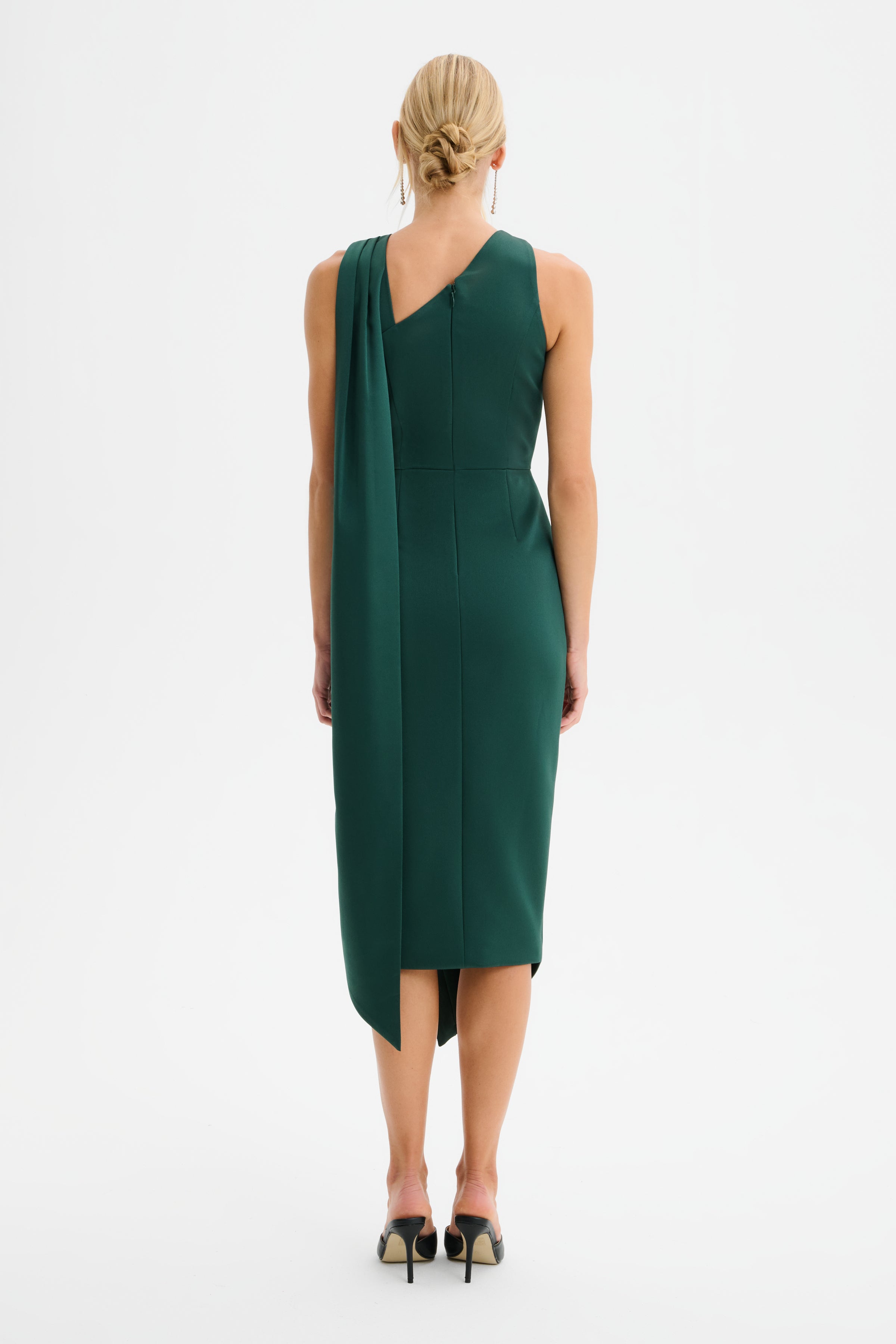ROSE Cross Neck Bonded Satin Midi Dress with Drape in Emerald Green