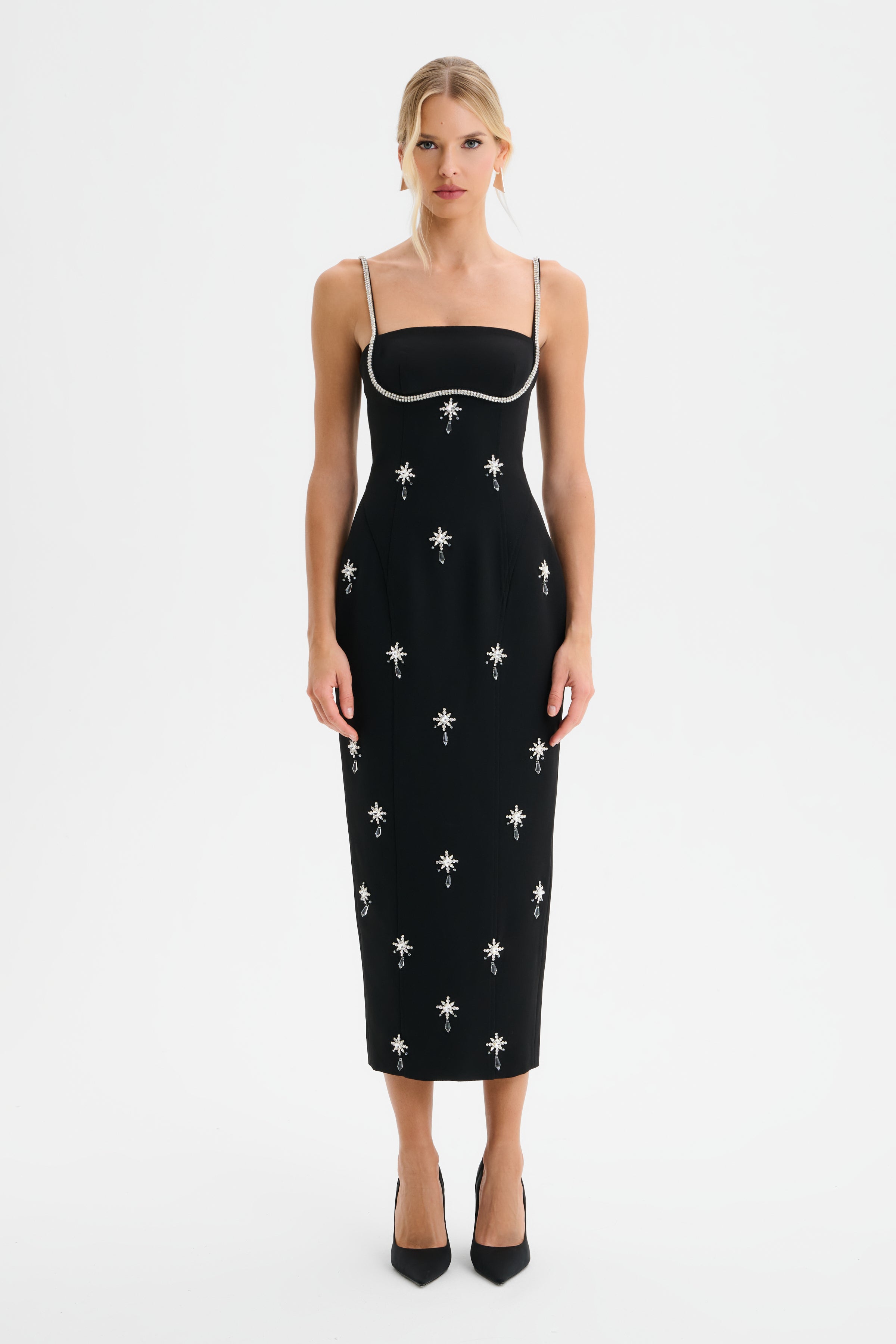 DAISY Hand Embellished Contour Tailored Midi Dress in Black
