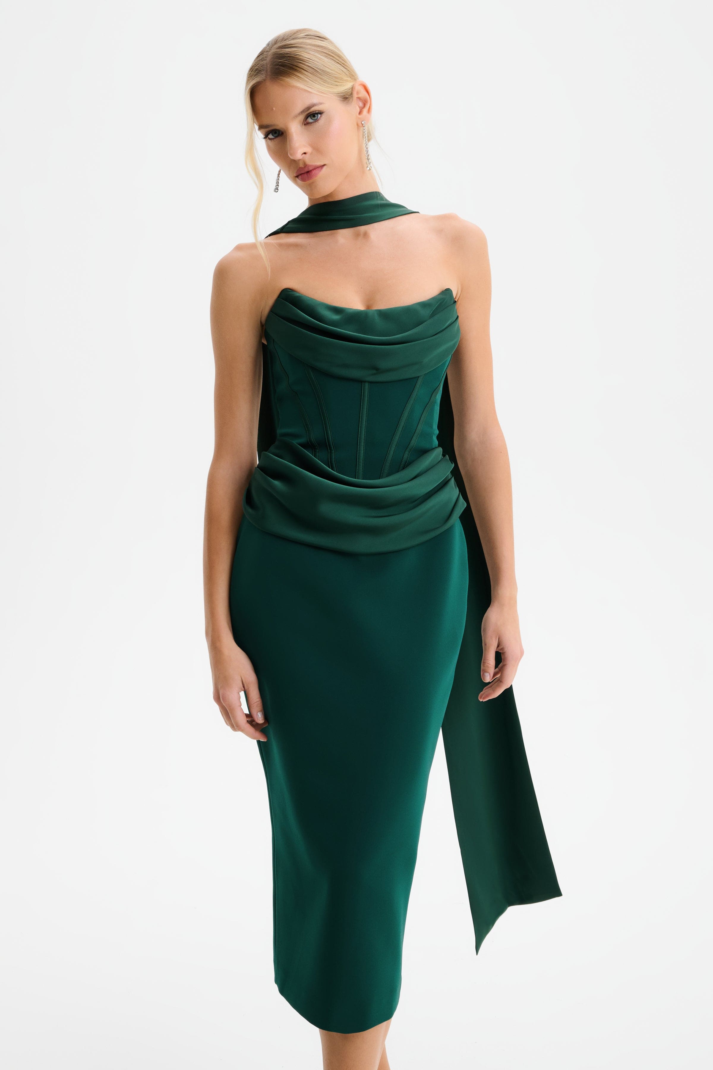 ZENDEYA Satin Draped Corset Midi Dress with Neck Scarf in Emerald Gree
