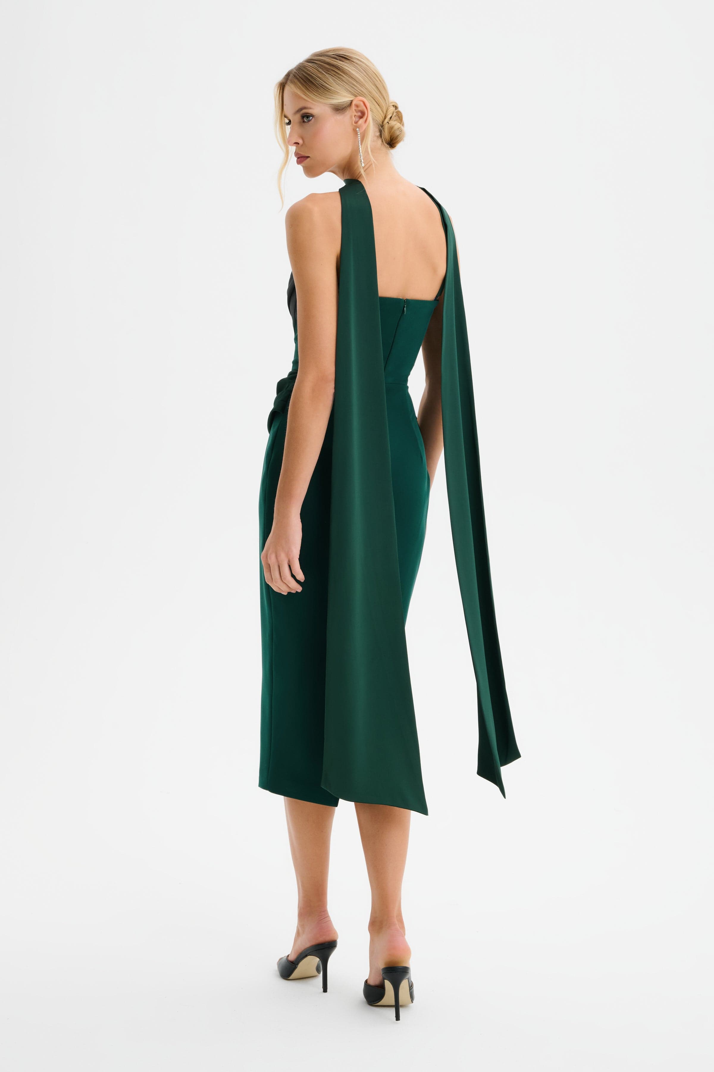 ZENDEYA Satin Draped Corset Midi Dress with Neck Scarf in Emerald Gree