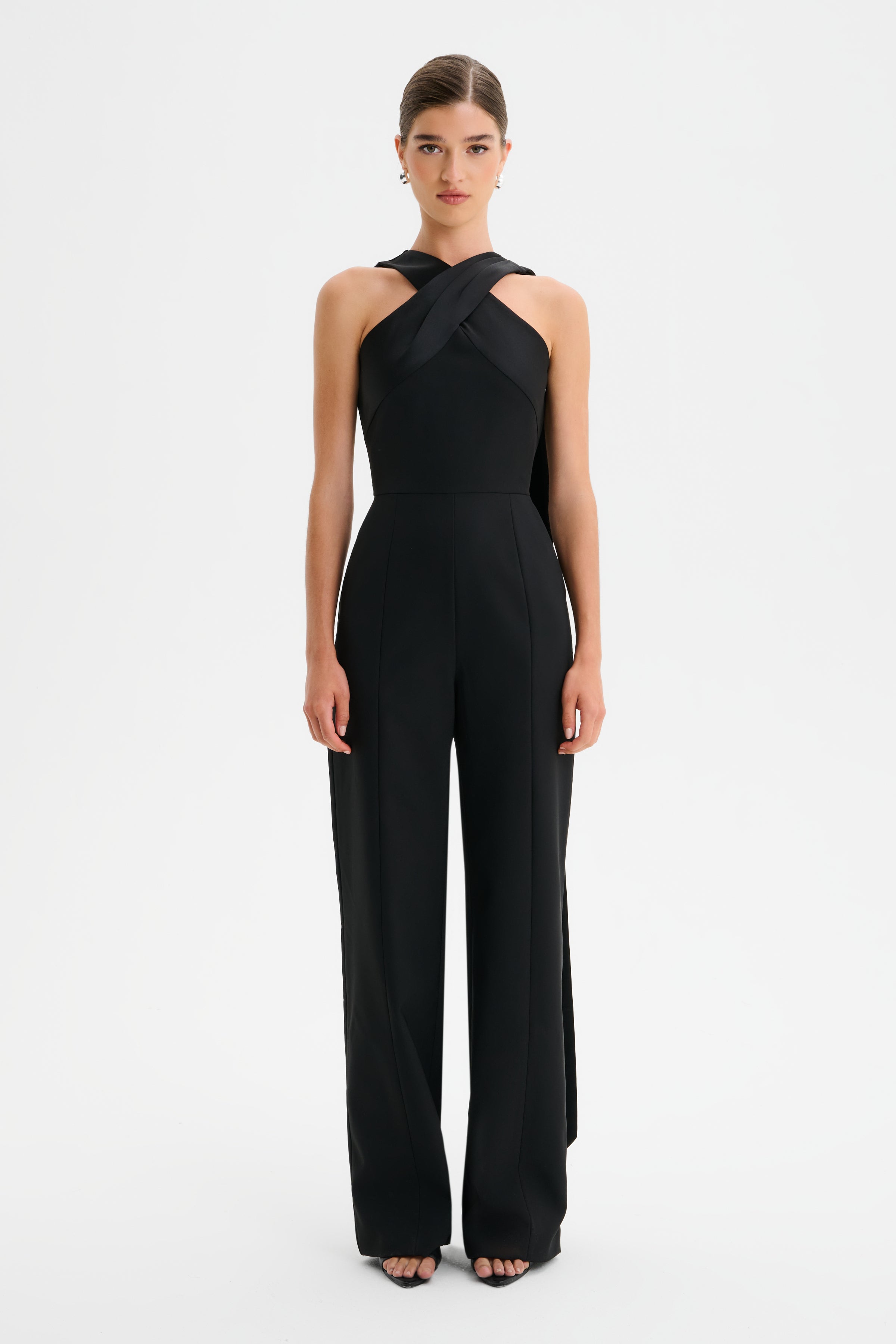 CHANTELLE Cross Neck Straight Leg Jumpsuit with Satin Drape in Black