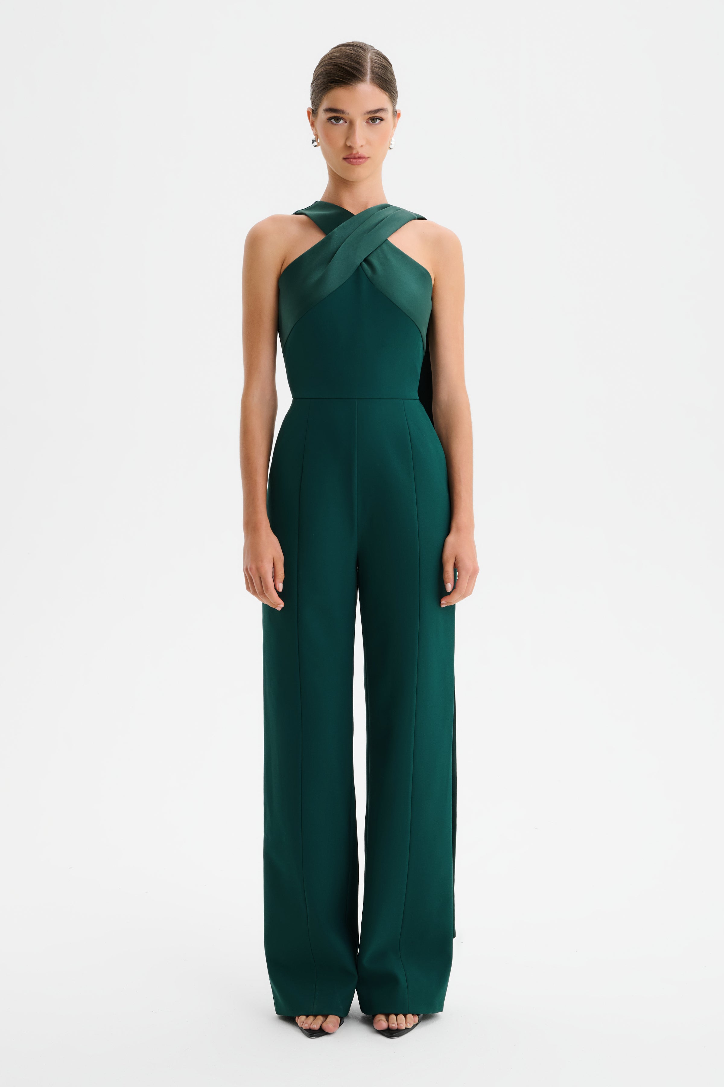 CHANTELLE Cross Neck Straight Leg Jumpsuit with Satin Drape in Emerald