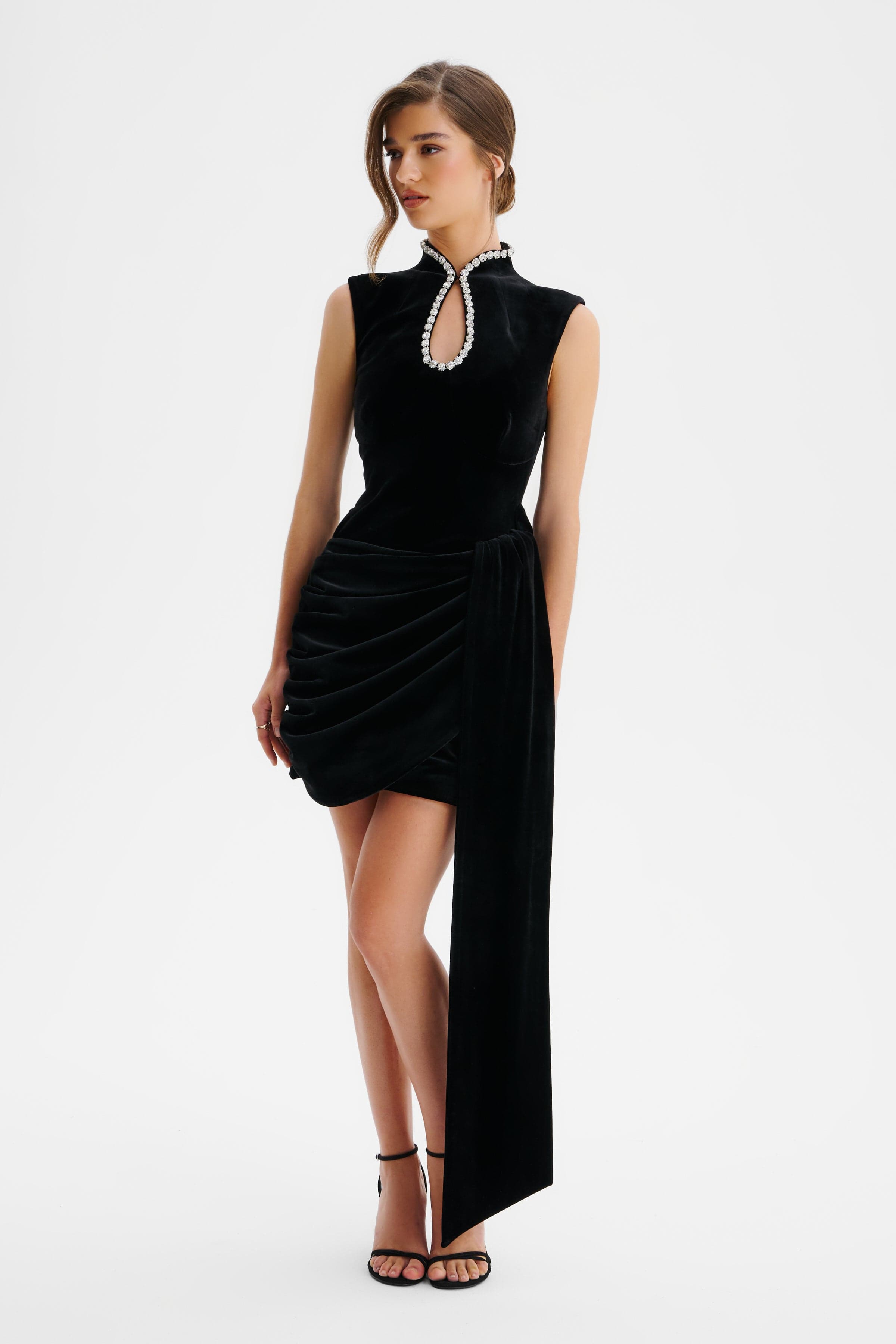 CELINA Diamante Embellished High Neck Mini Dress In Black CELINA Diamante Embellished High Neck Mini Dress In Black
