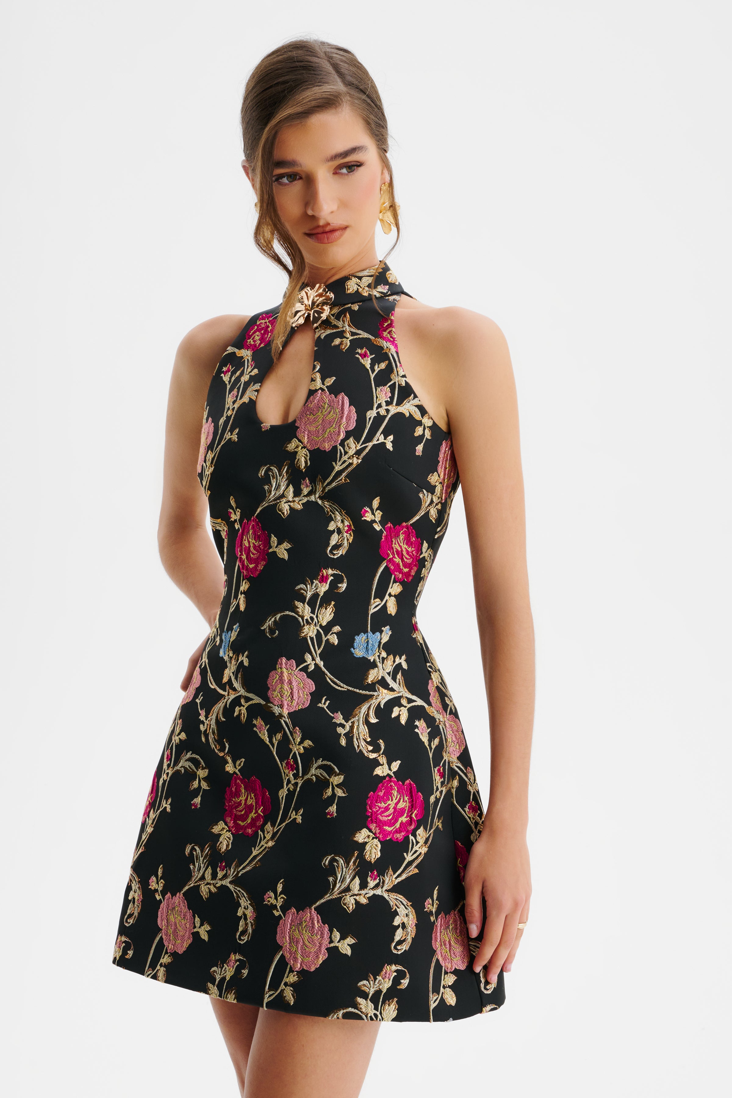 VIOLETTA Metallic Floral Brocade High Neck Mini Dress In Black