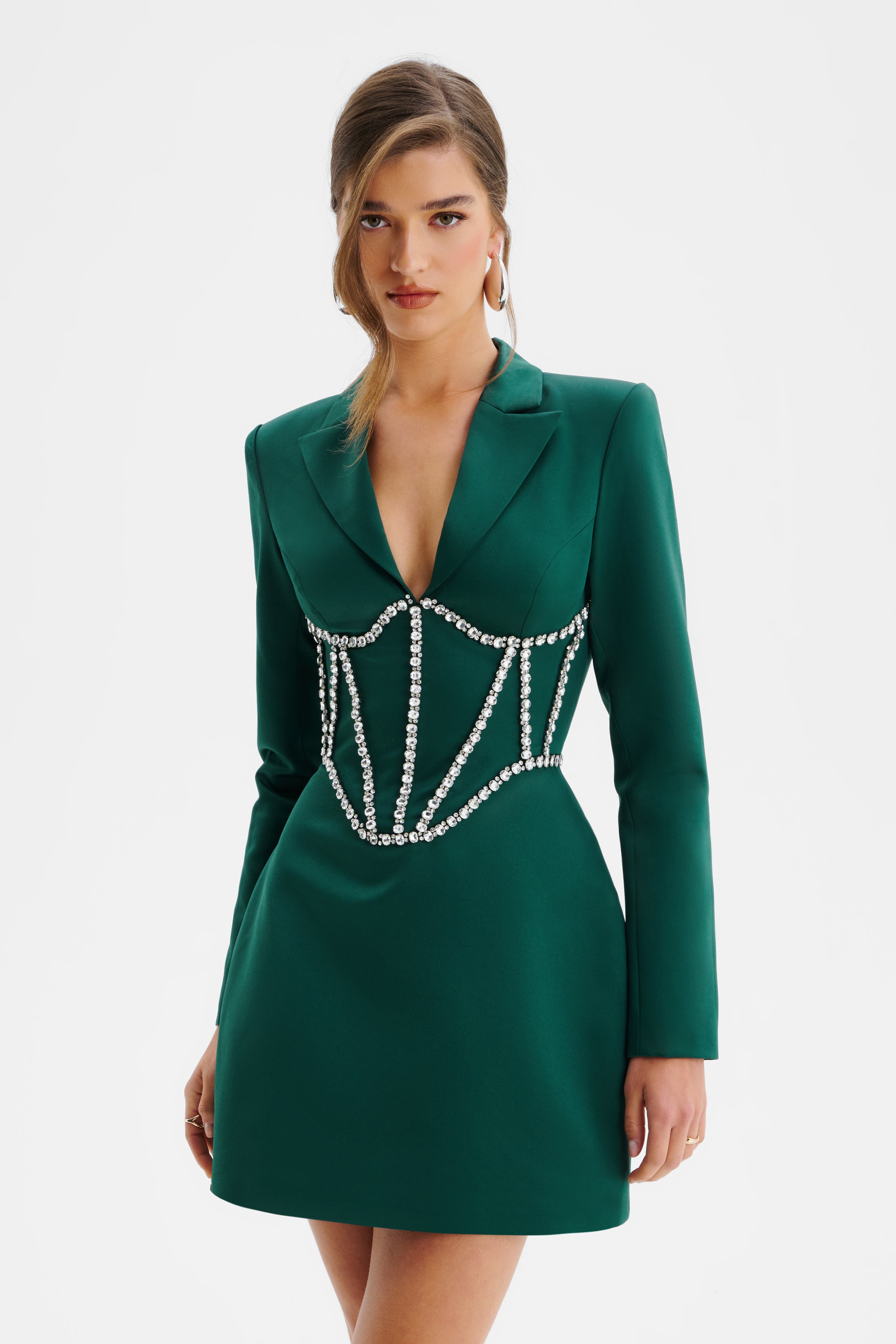 NOELIA Satin Blazer Mini Dress With Embellished Corset In Emerald Green