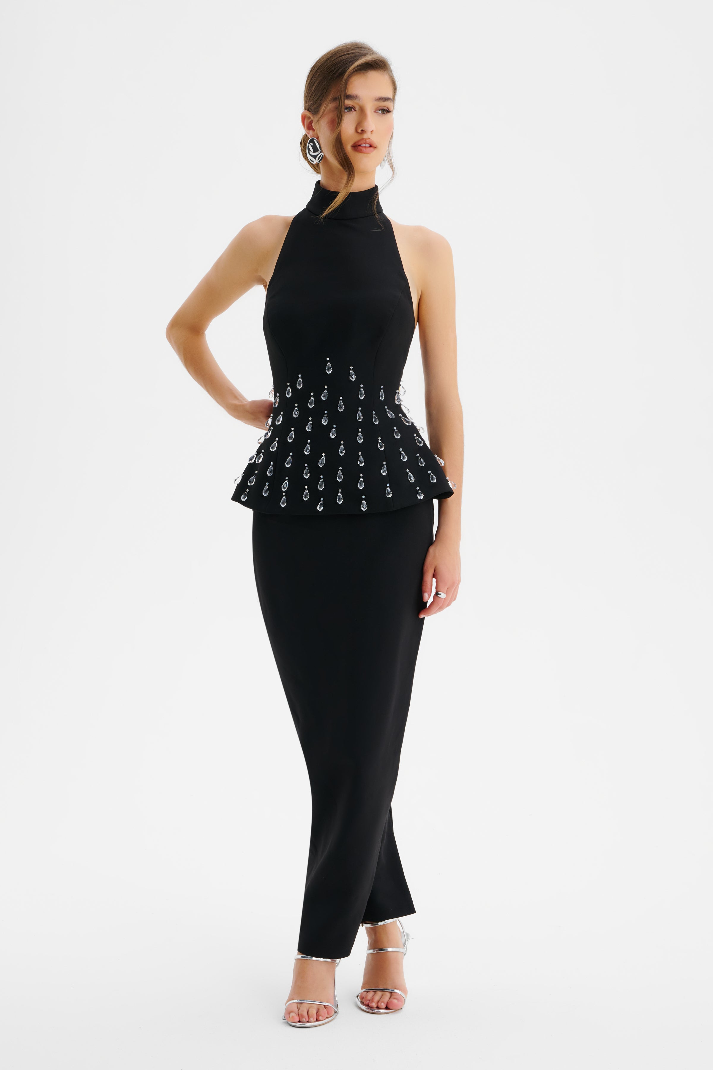 VALENTINA High Neck Pearl Embellished Peplum Maxi Dress In Black