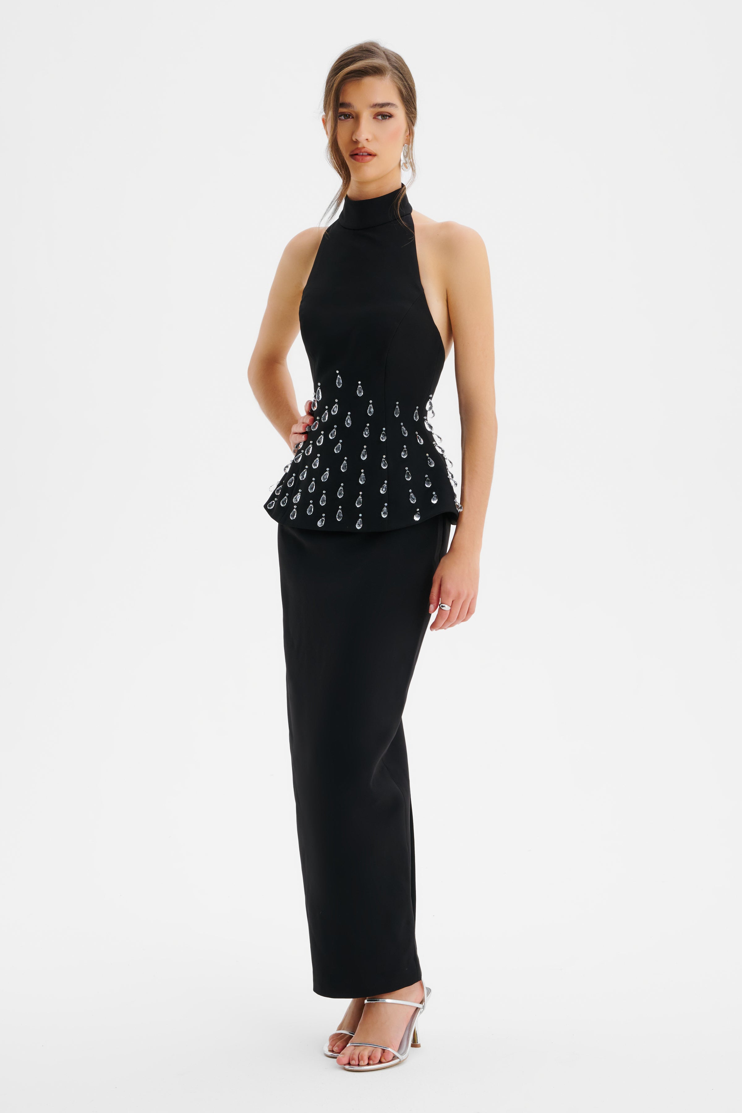 VALENTINA High Neck Pearl Embellished Peplum Maxi Dress In Black