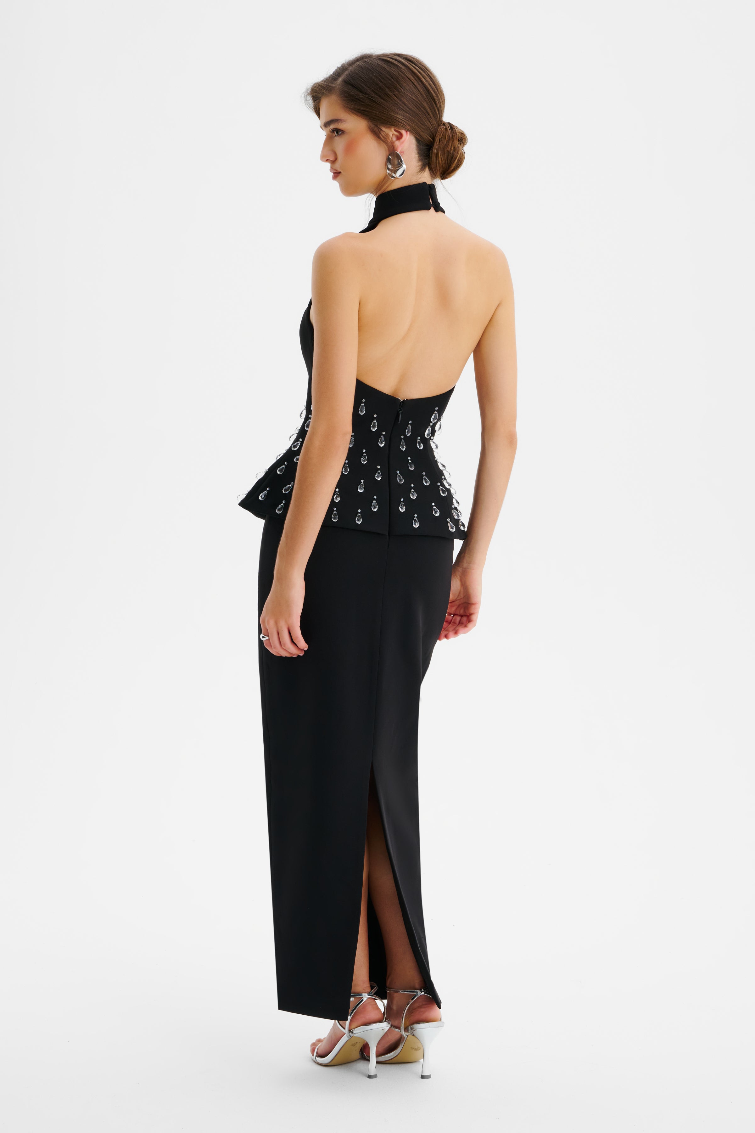 VALENTINA High Neck Pearl Embellished Peplum Maxi Dress In Black