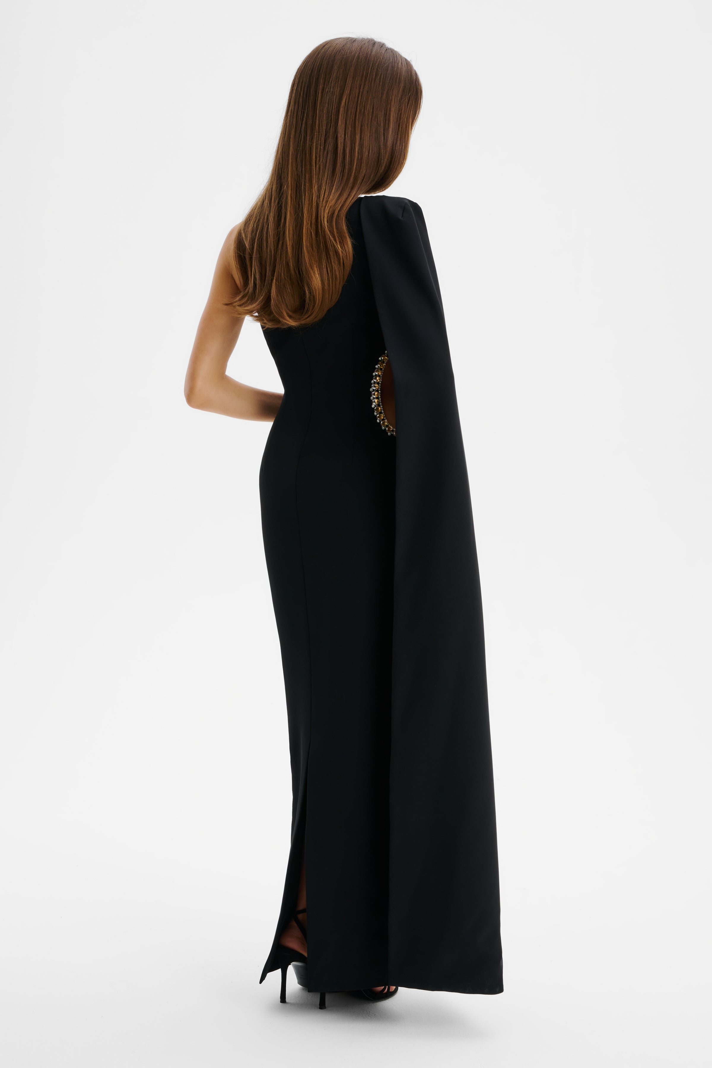 VIVIANA Asymmetric Emebllished Cut Out Maxi Cape Dress In Black