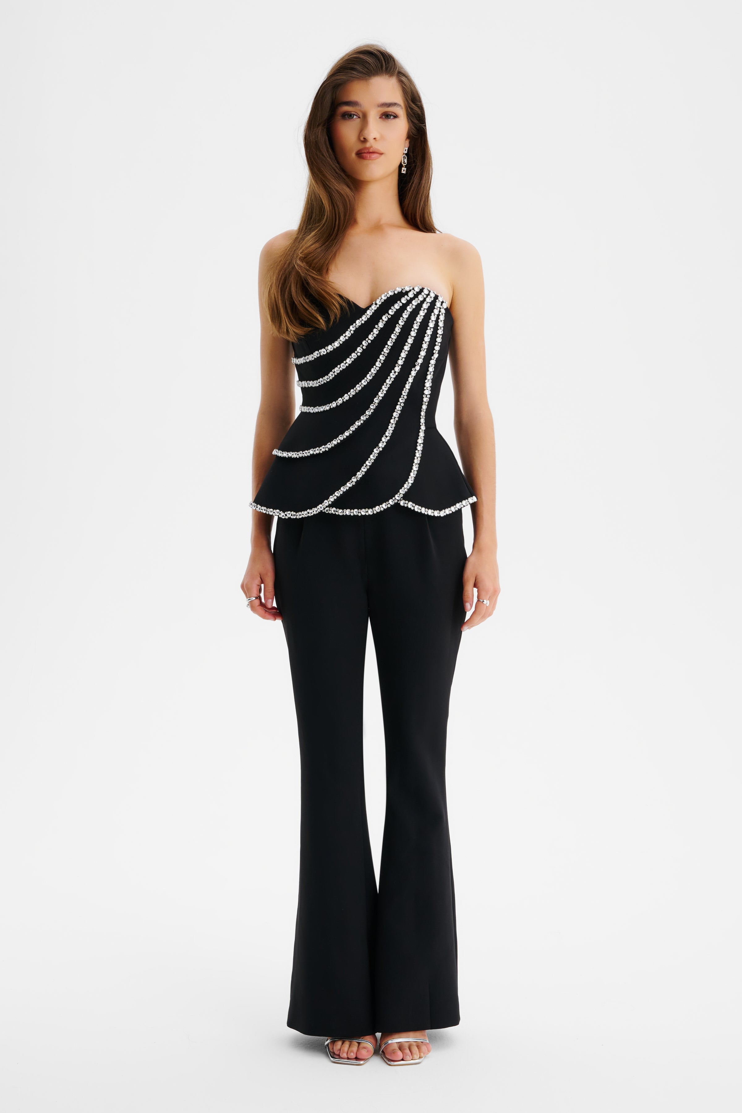 LEONORA Diamante Embellished Scallop Peplum Jumpsuit In Black