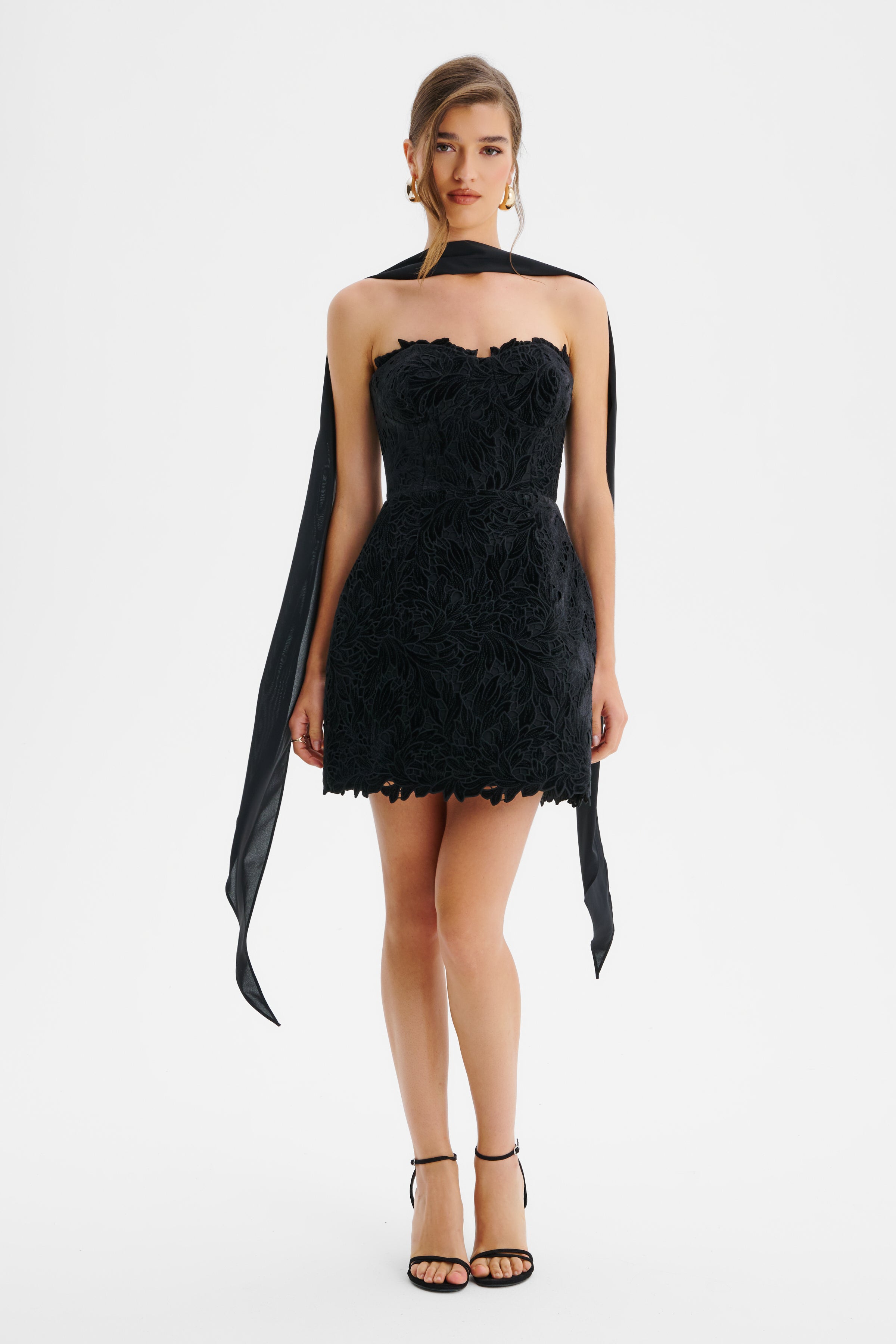 PALOMA Velvet Guipure Lace Corset Mini Dress In Black