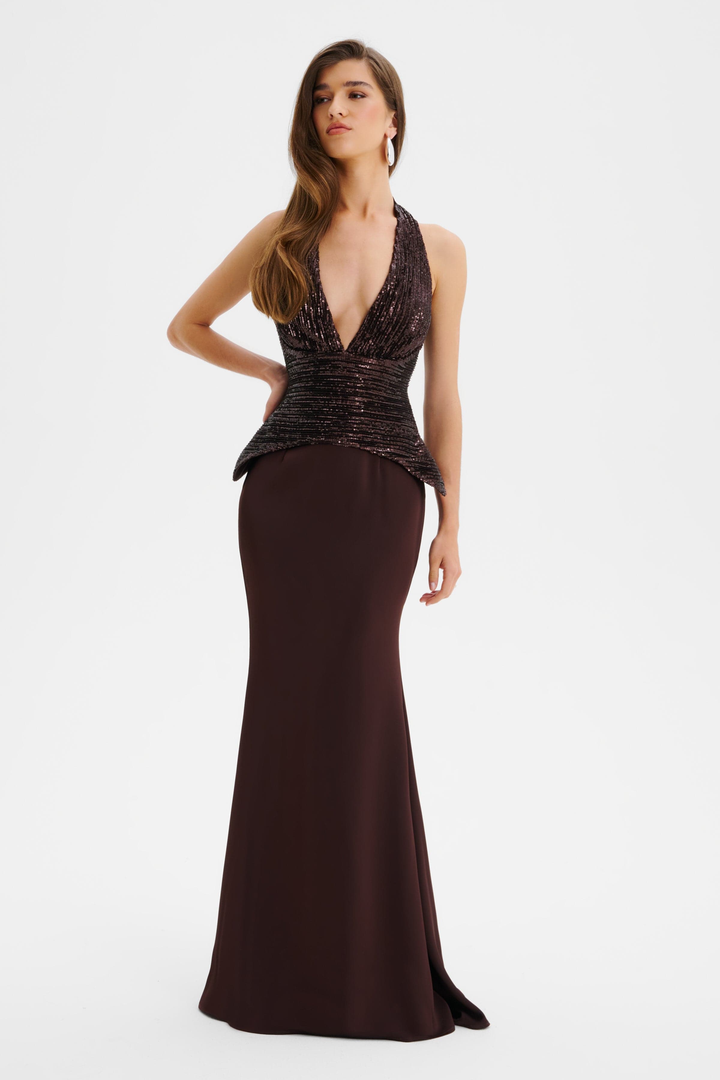 LUCIENNE Pleated Sequin Hourglass Corset Maxi Dress In Brown LUCIENNE Pleated Sequin Hourglass Corset Maxi Dress In Brown