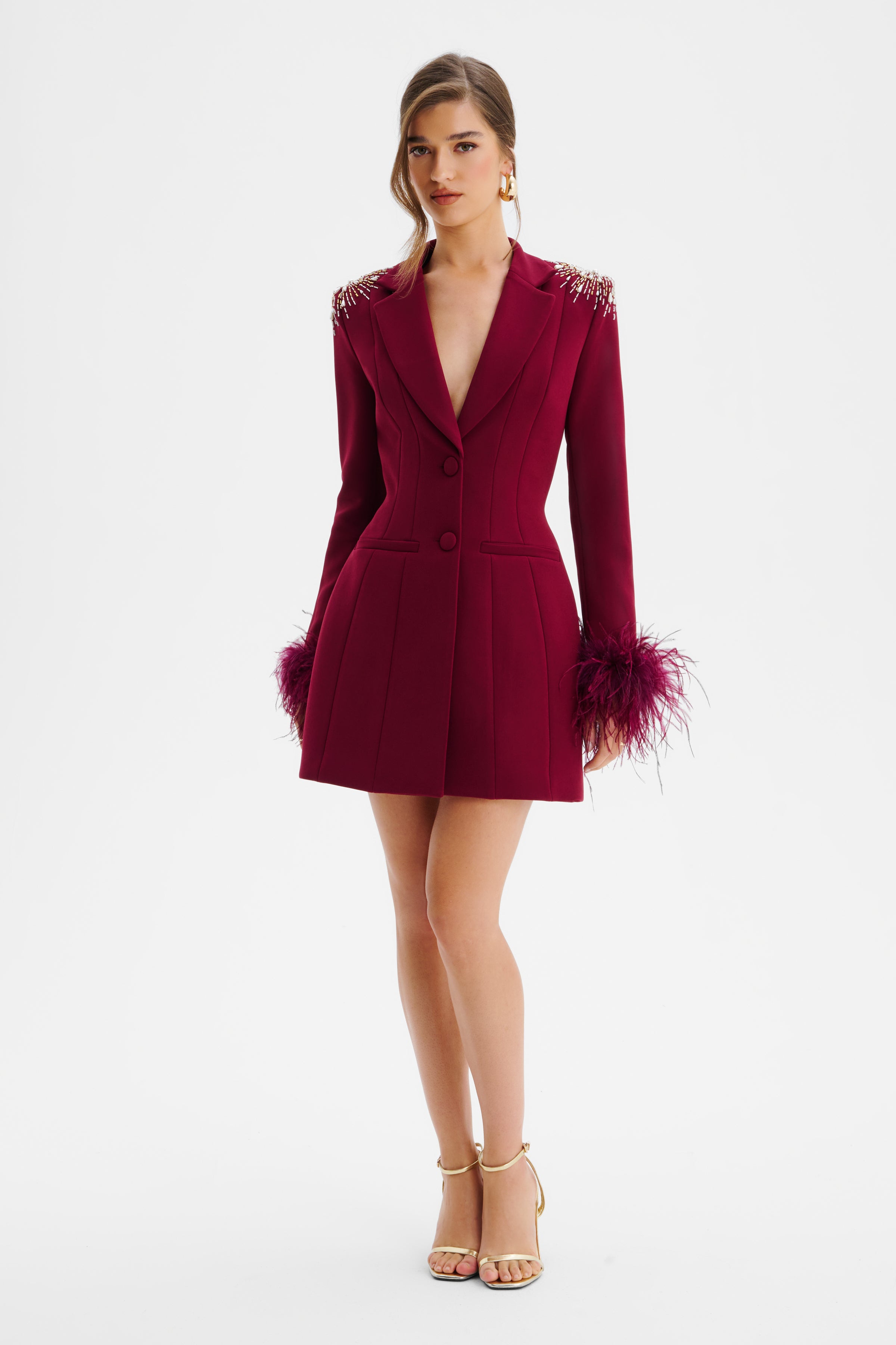 SABRINA Star Hand Embellished Hourglass Blazer Dress with Feather Cuffs In Burgundy