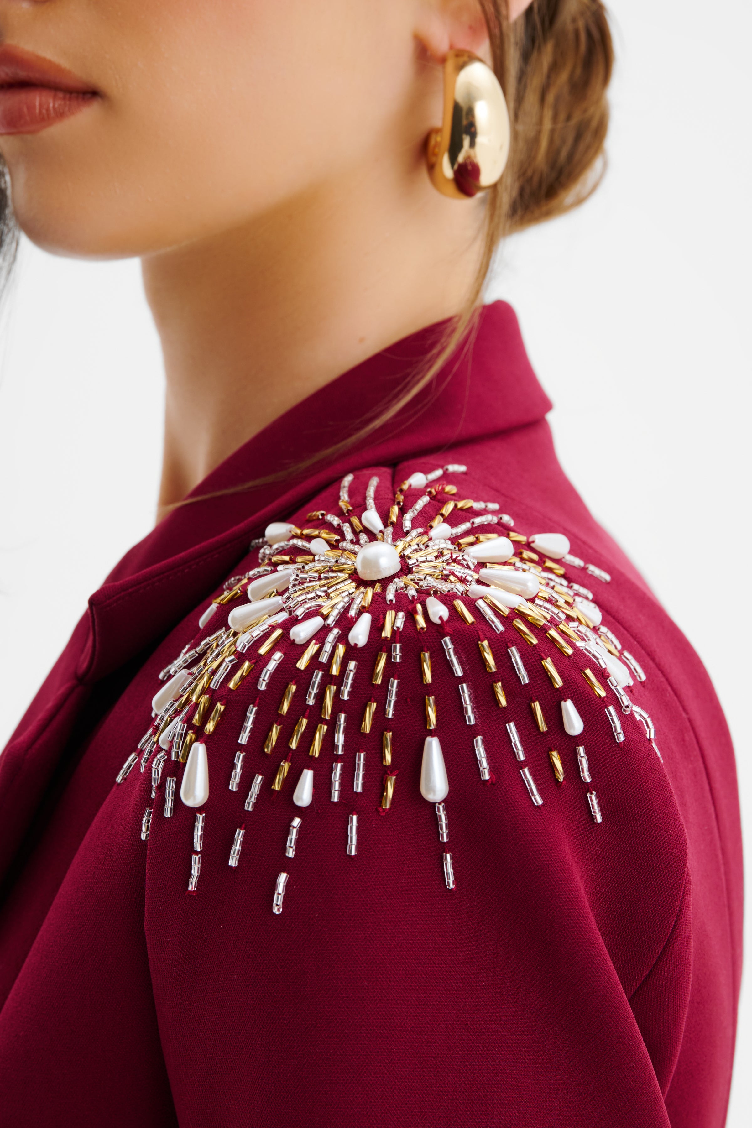 SABRINA Star Hand Embellished Hourglass Blazer Dress with Feather Cuffs In Burgundy