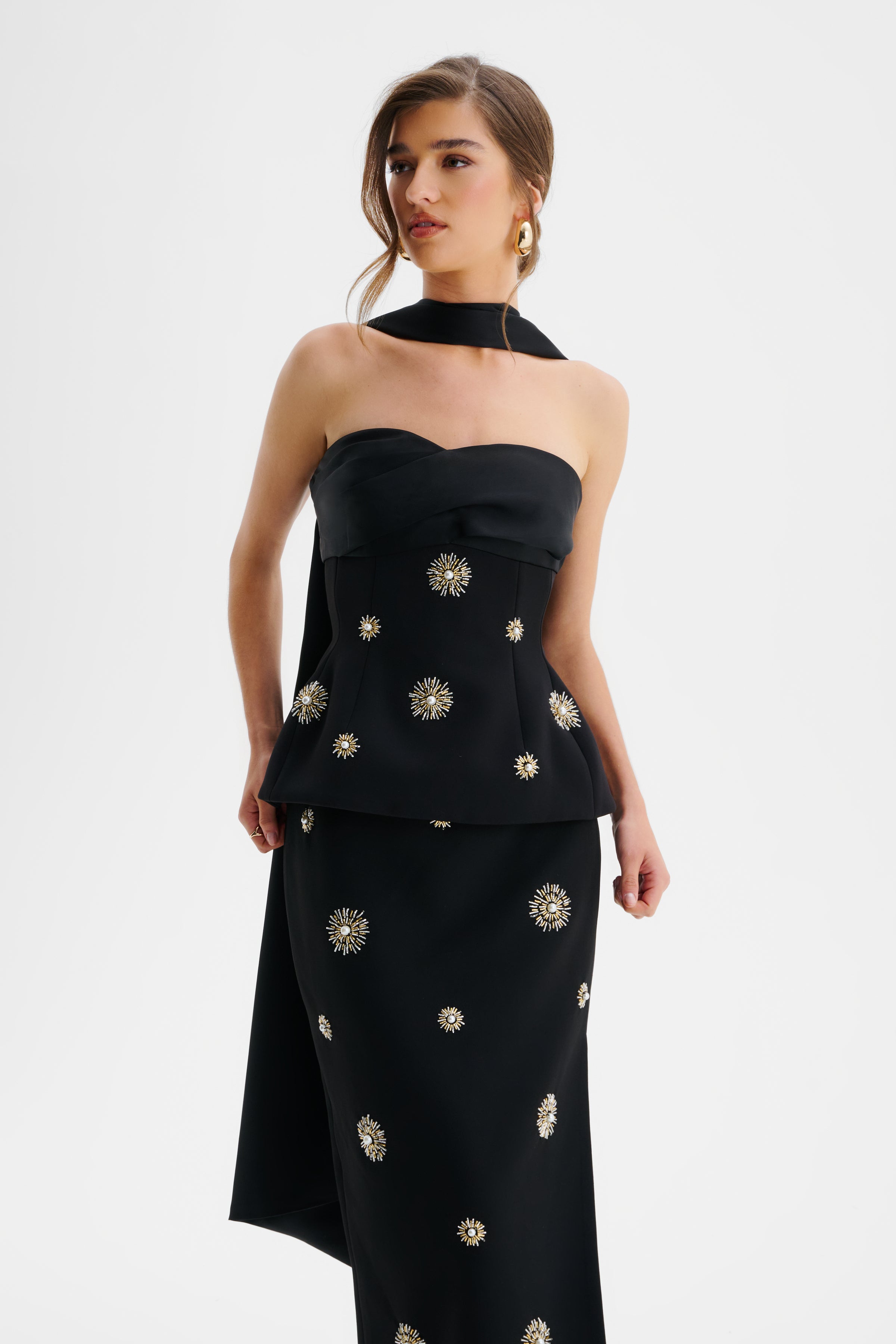 IVY Star Embellished Bandeau Corset Top With Scarf In Black