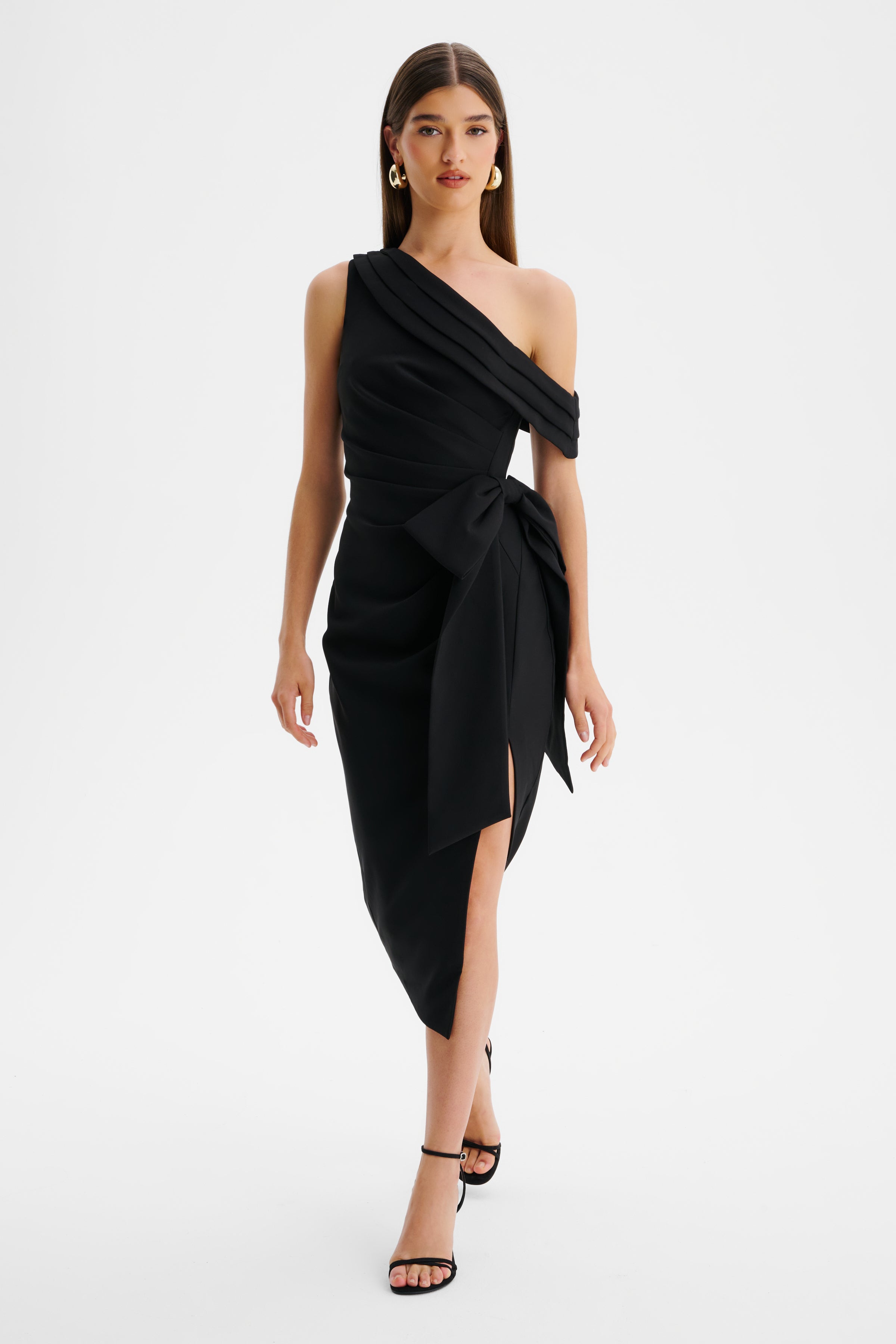 HONEY One Shoulder Pleated Bow Midi Dress in Black