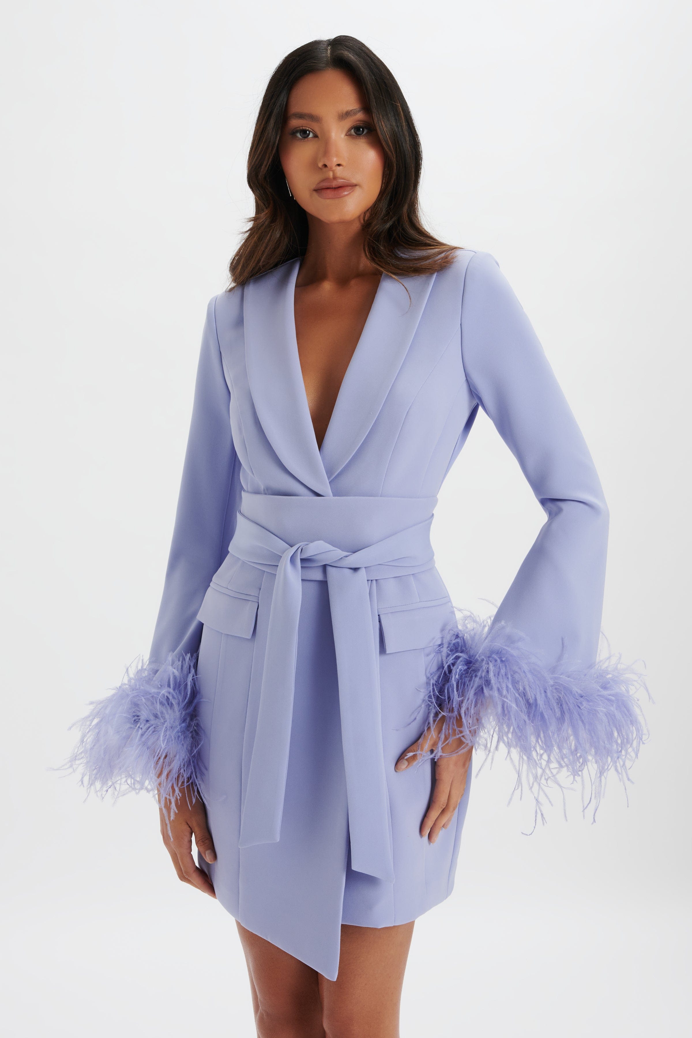 NIKOLA Feather Cuff Blazer Mini Dress In Cornflower Blue