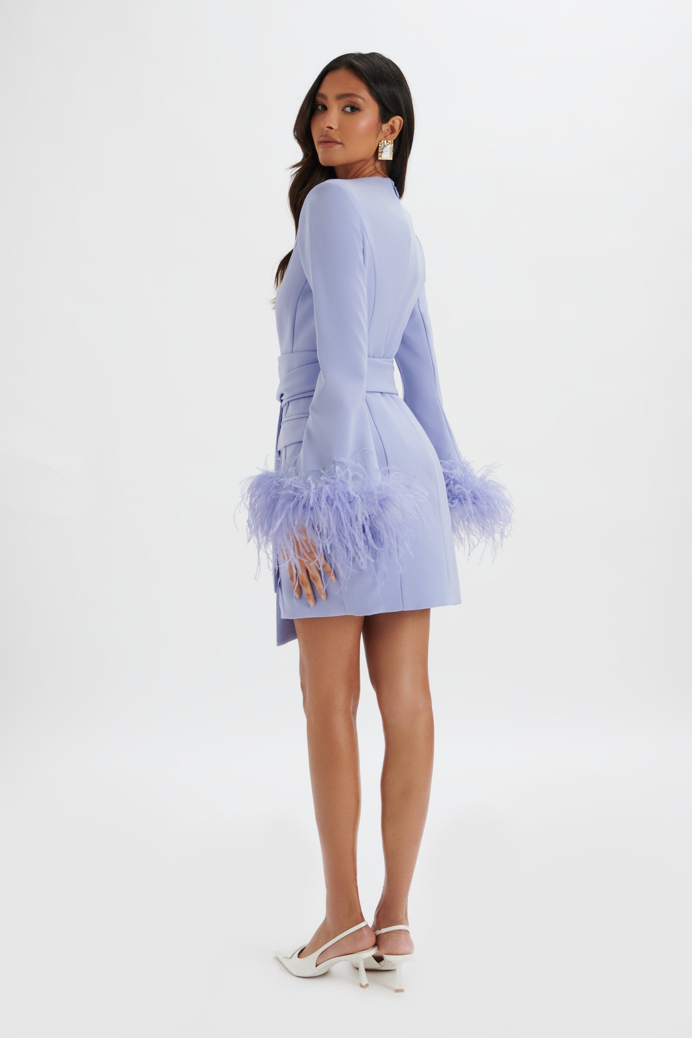 NIKOLA Feather Cuff Blazer Mini Dress In Cornflower Blue