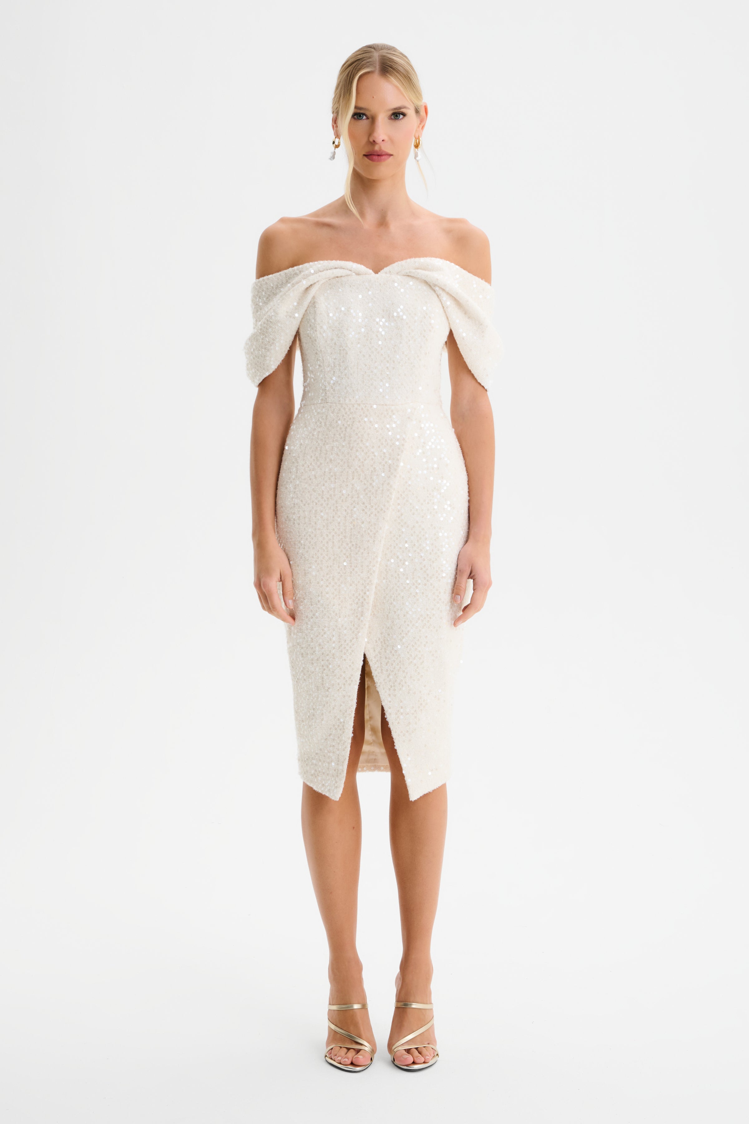 HARLEEN Draped Bardot Sequin Boucle Midi Dress in Beige