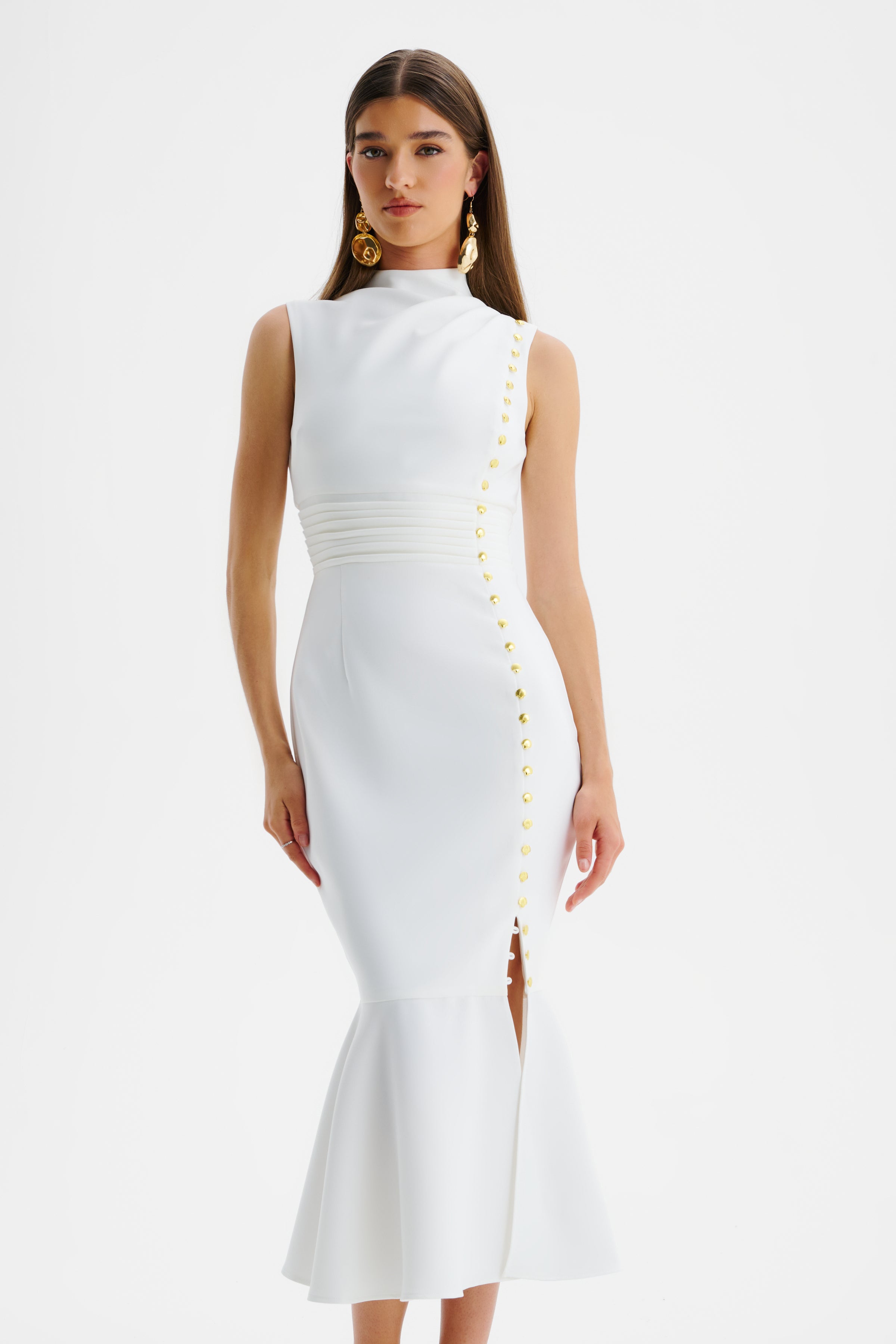 SAFFRON High Neck Micro Shell Button Midi Dress in White