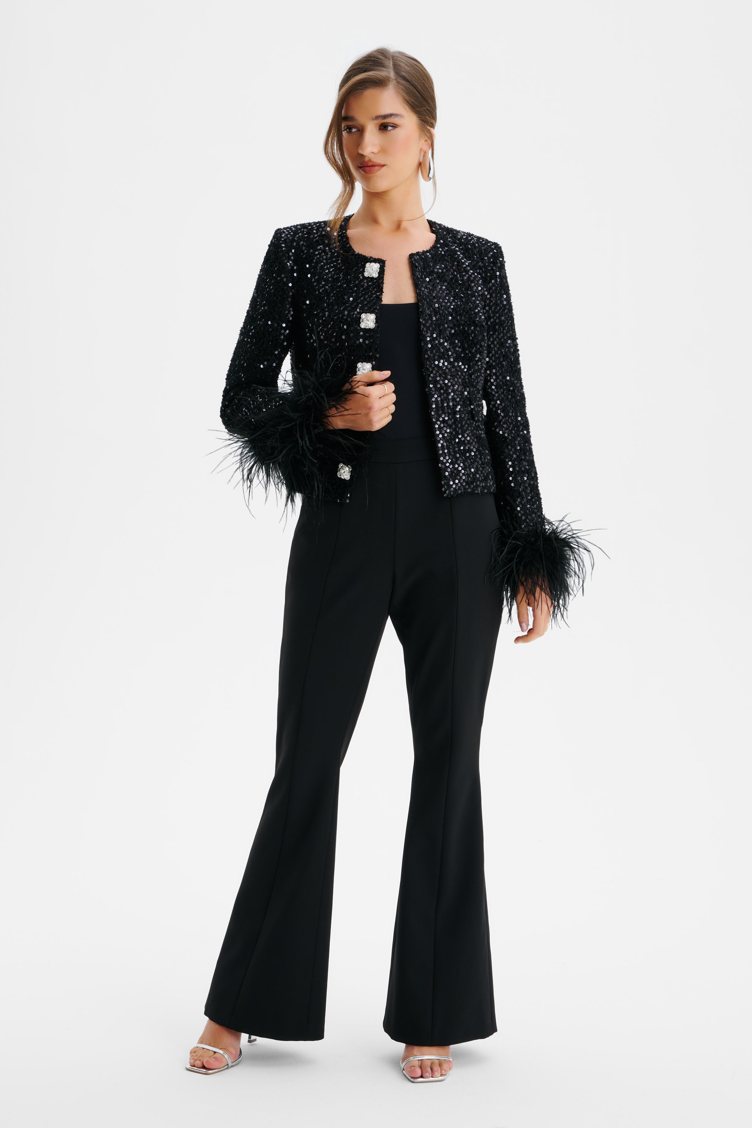 LARIA Sequin Boucle Jacket with Fur Cuffs in Black