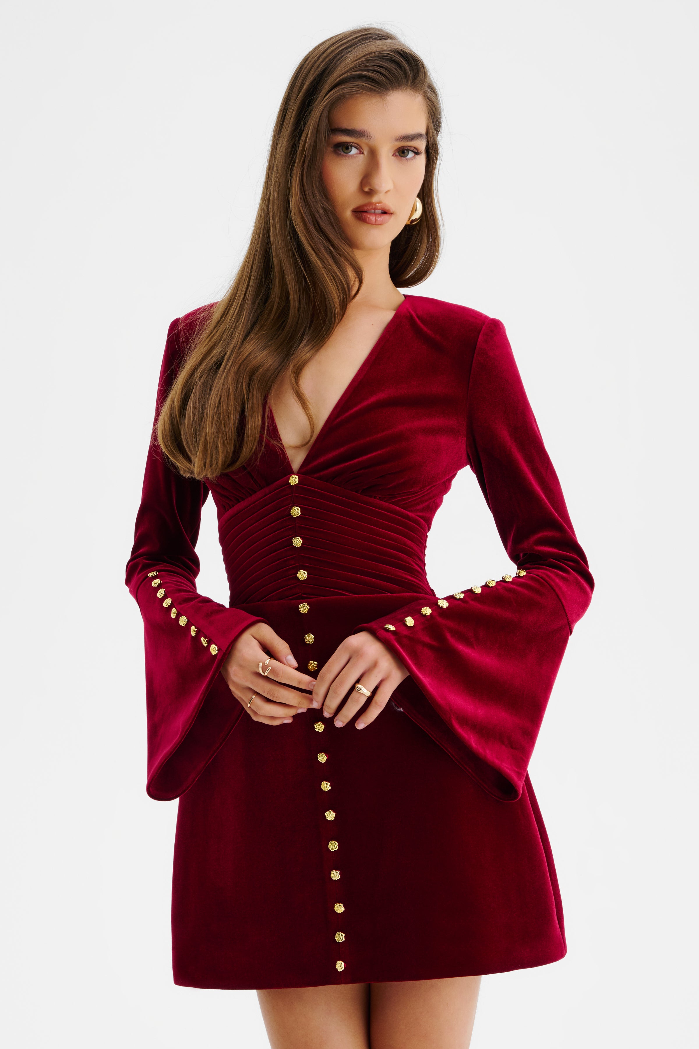 LARA Fluted Sleeve Rose Button Velvet Mini Dress In Burgundy