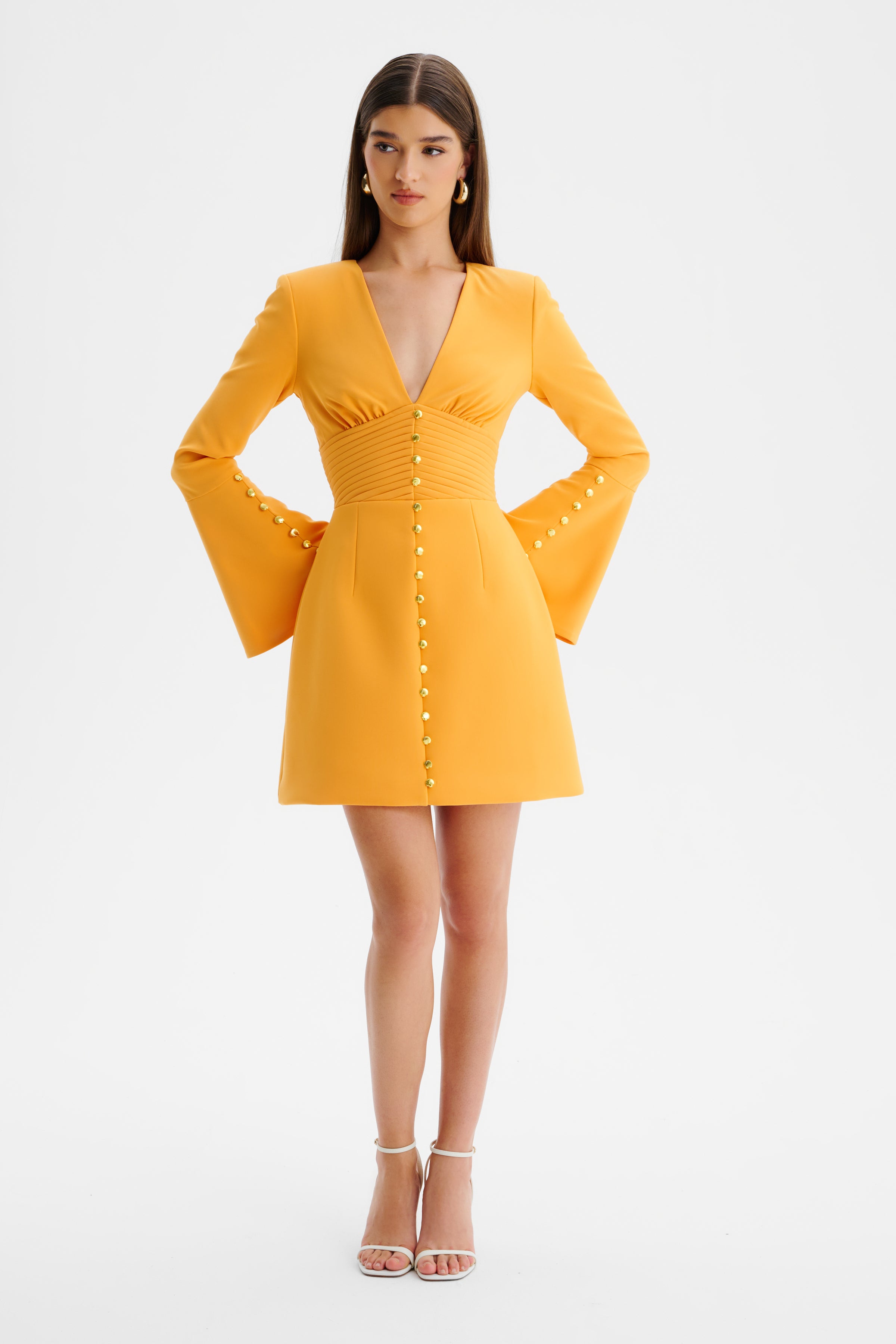 LARA Fluted Sleeve Micro Button Mini Dress in Orange