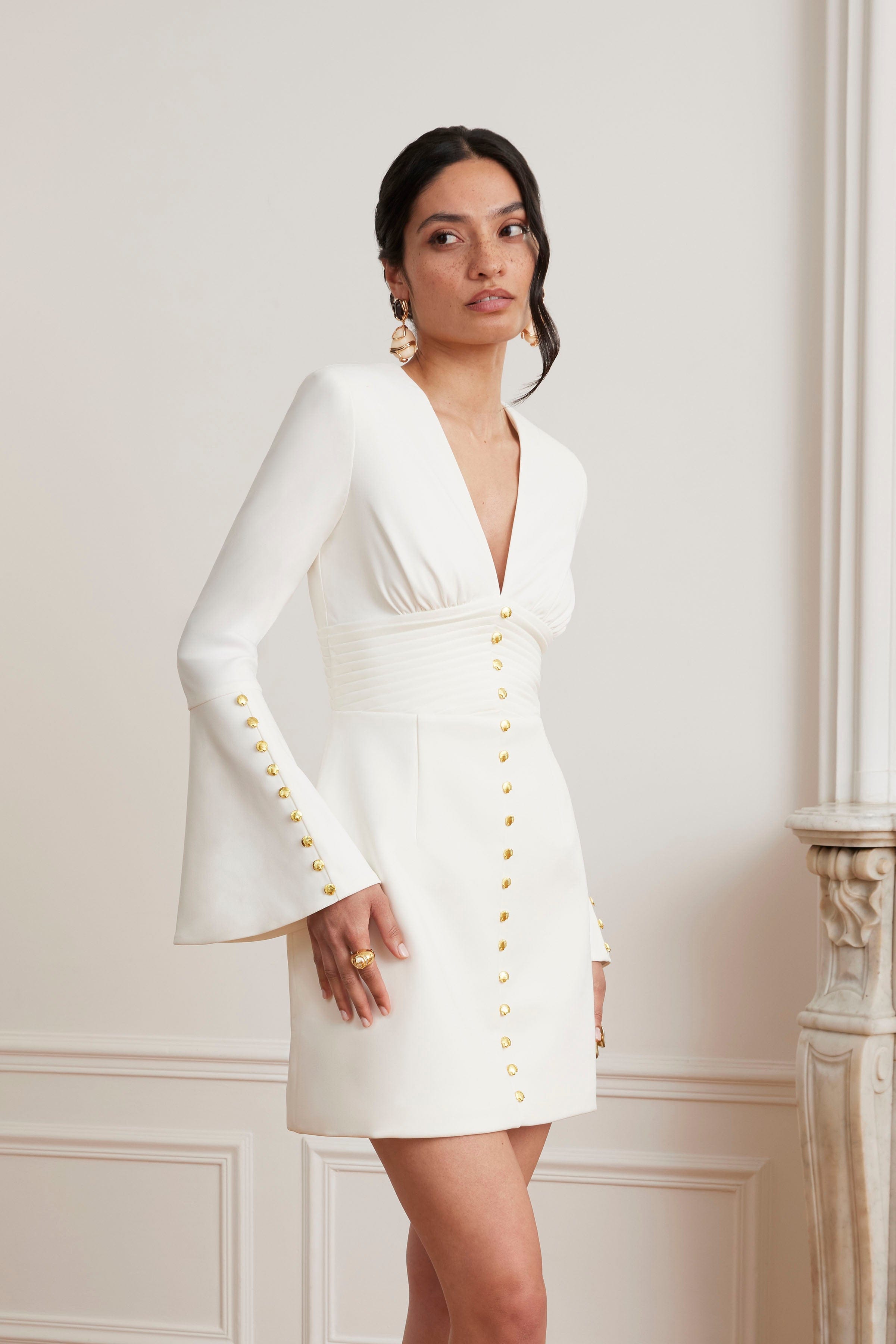 LARA Fluted Sleeve Micro Shell Button Mini Dress in White