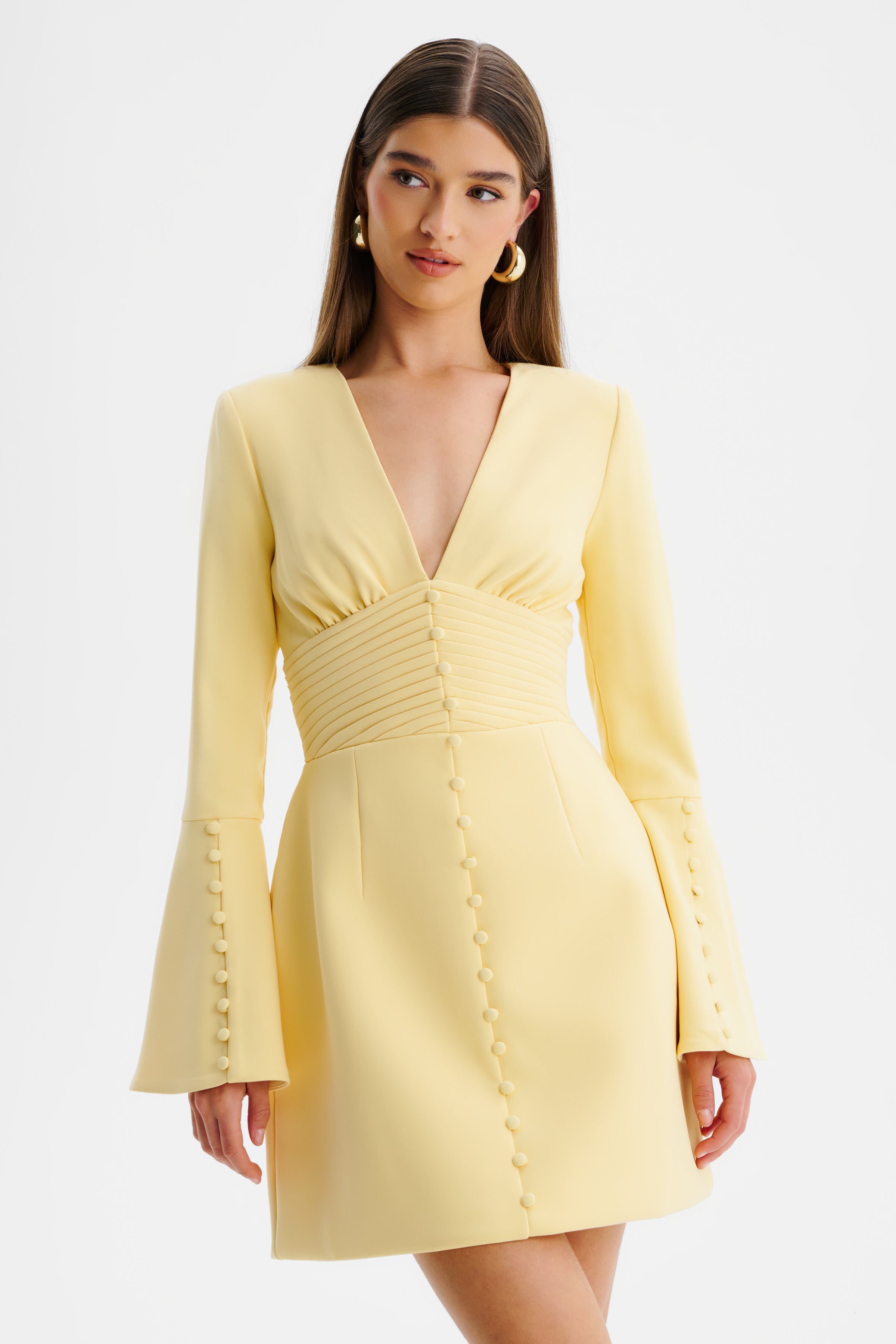 LARA Fluted Sleeve Micro Shell Button Mini Dress in Yellow