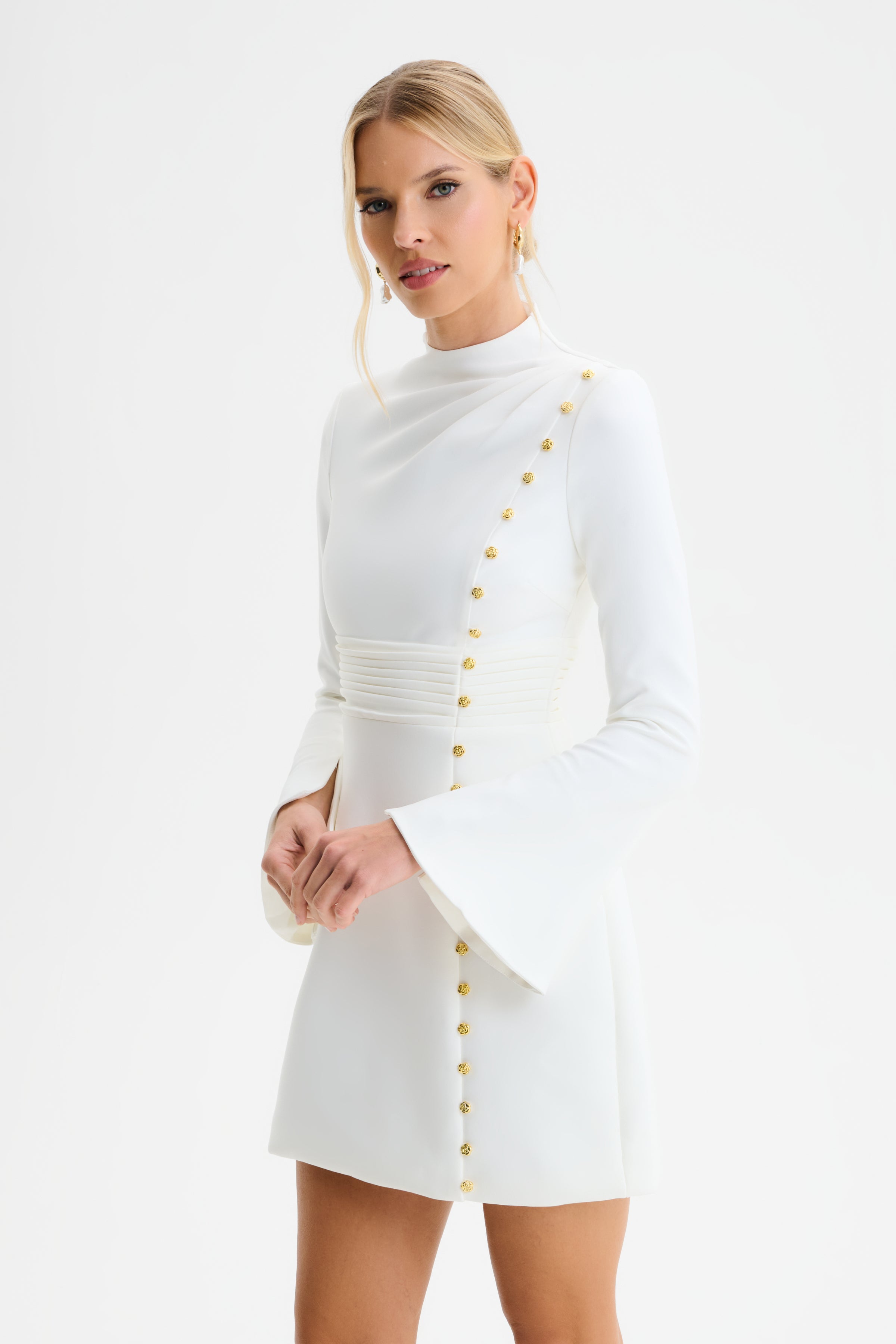 GEMMA High Neck Rose Button Long Sleeve Mini Dress in White
