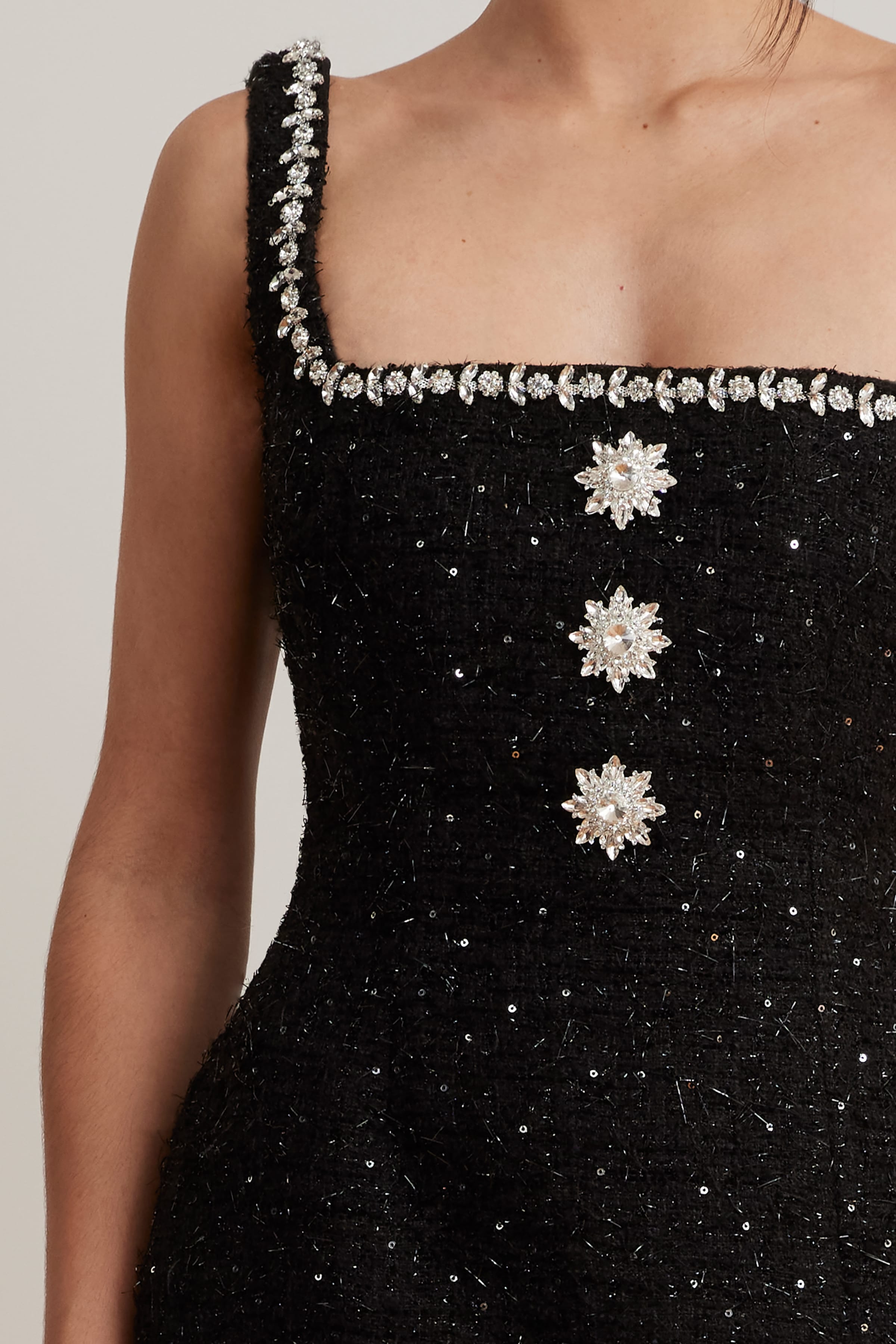 ZOEY Embellished Boucle Tulip Mini Dress in Black